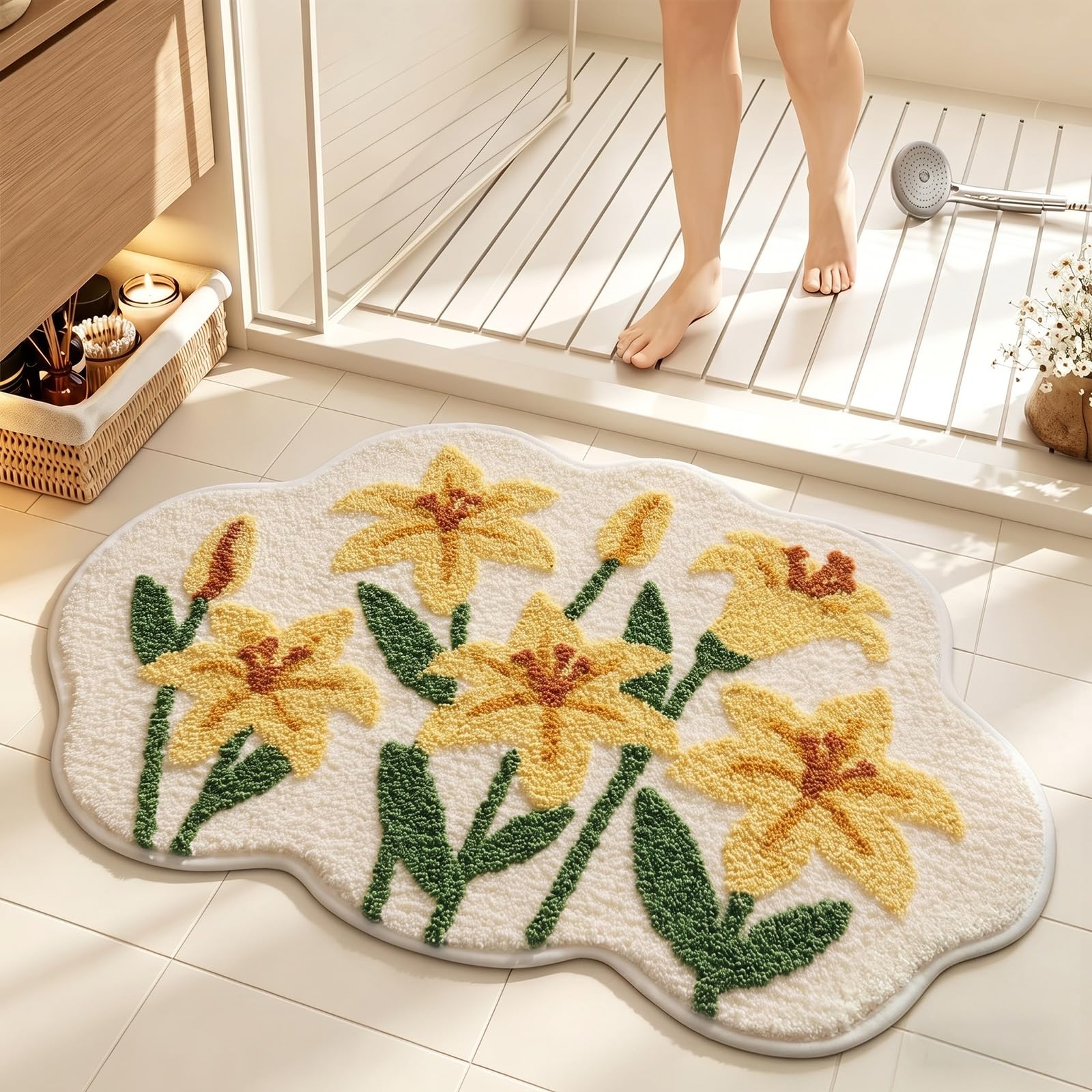 Cloud-Shaped Lily Bath Mat, Soft Non-Slip Fluffy Fresh Flowers Bathroom Rug, Ultra Absorbent Microfiber Shaggy Door Mat, Machine Washable Bath Rug Carpet for Bathtub Bedroom 20x31in (Lily-Yellow) — image 1