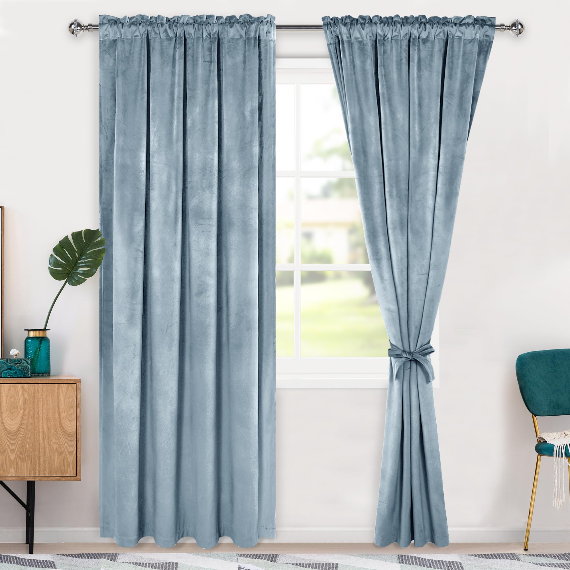 Hiasan Velvet Curtains 84 inches-Blackout Thermal Insulated Solid Soft Curtains for Bedroom Living Room Rod Pocket Room Darkening 2 Panels Window Drapes with Tiebacks, 52W x 84L, Stone Blue