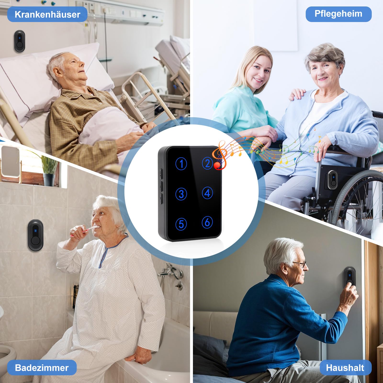 Daytech Elderly Pager, 6-stellige Display-Positionierung, 110 dB, für Zuhause, Pflegeheim, Krankenhaus (1 Empfänger + 6 Tasten)