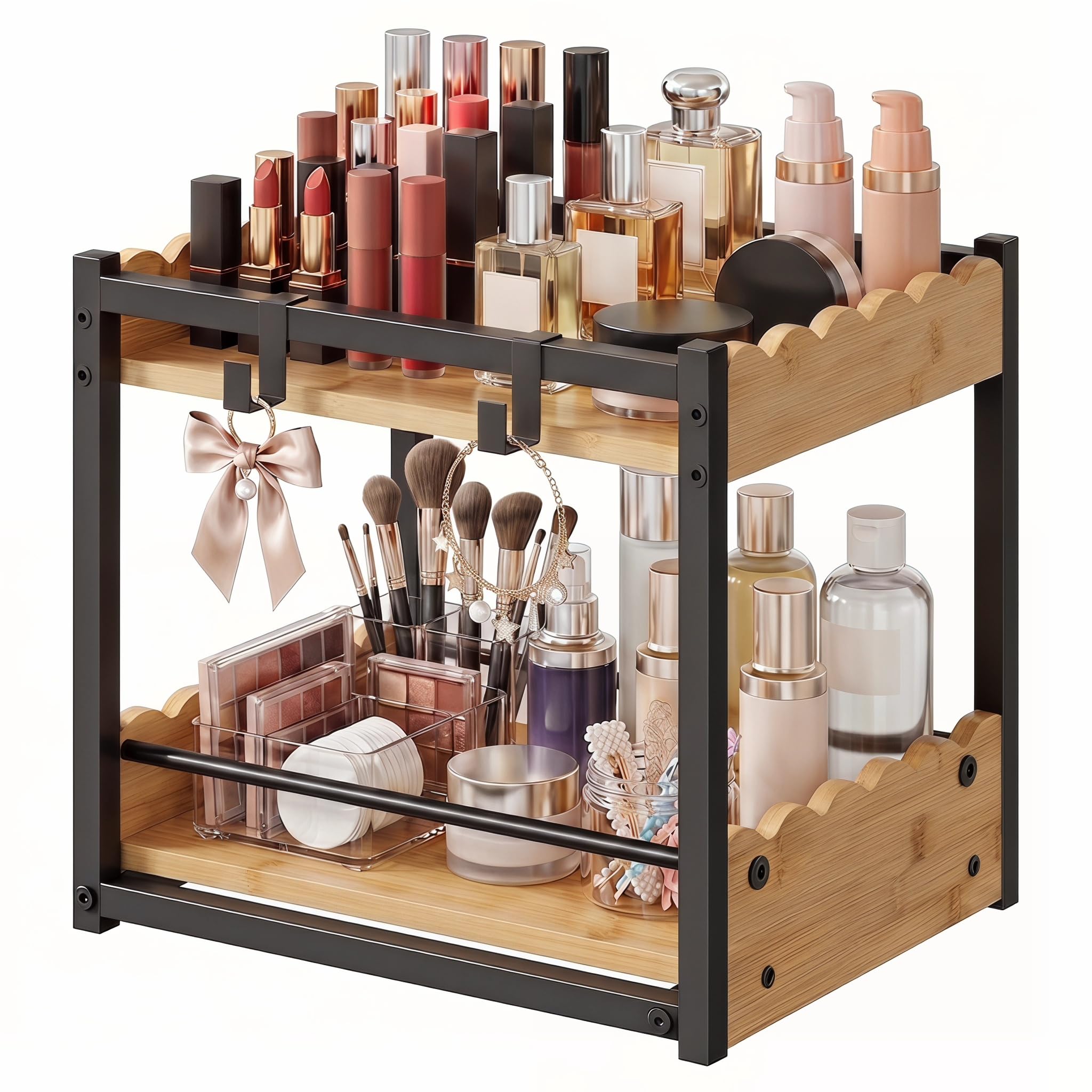 Organizzatore da banco a 2 ripiani in bambù naturale, moderno portaspezie industriale con ripiano estraibile e ganci, elegante contenitore per cucina e casa