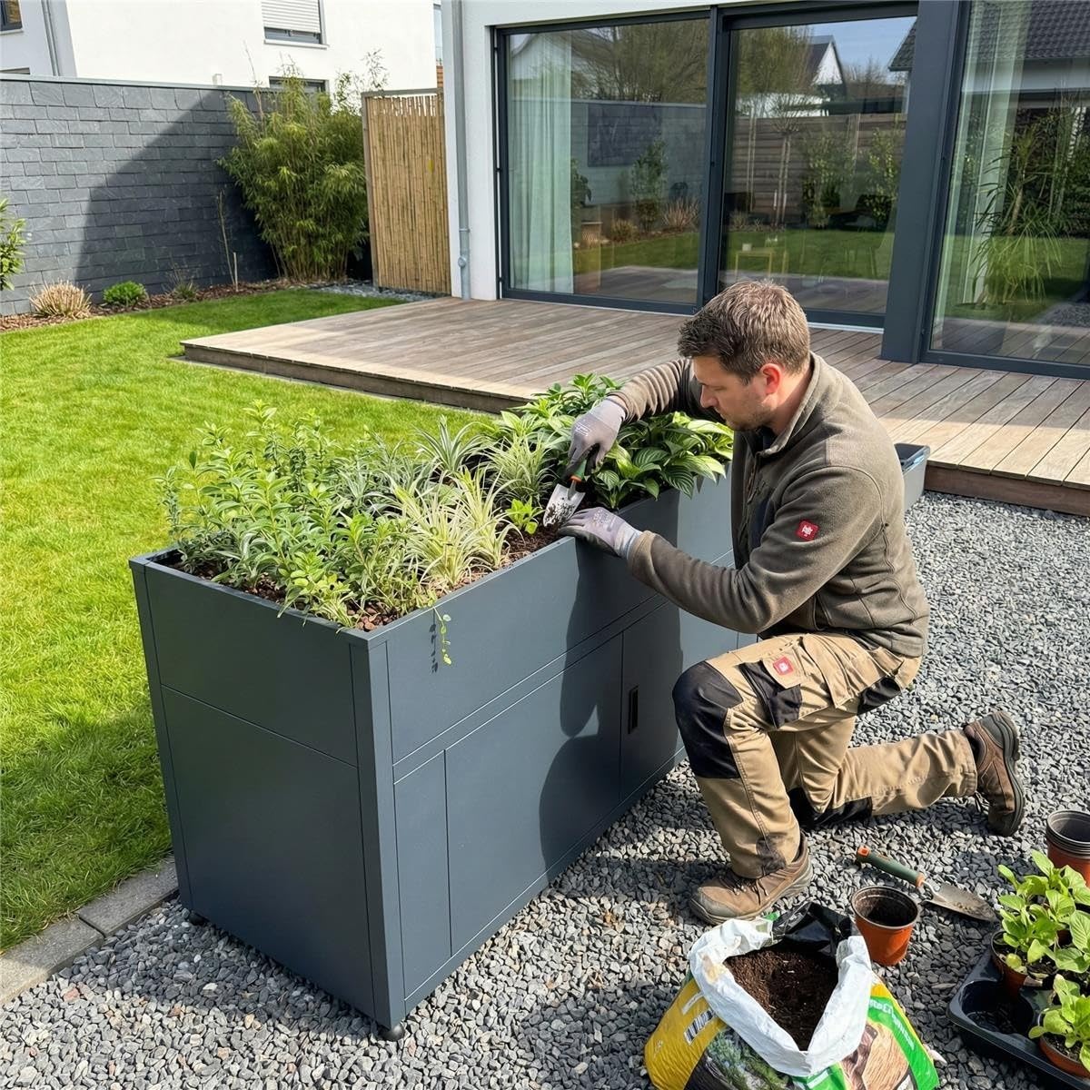 Metzler Hochbeet für den Garten mit Stauraum – Pulverbeschichteter Stahl in Anthrazit RAL 7016 | Witterungsbeständiges Metall-Gartenbeet, Pflanzenbeet, Blumenhochbeet | 160 x 85 x 50 cm
