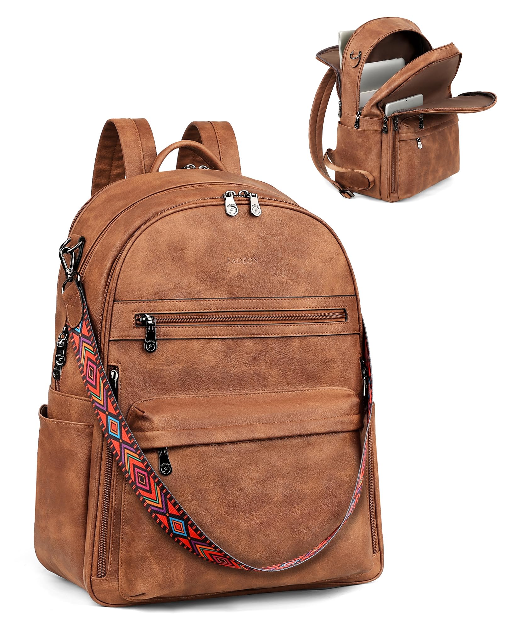 FADEON 15.6 inch Laptop Backpack Purse for Women Designer PU Leather Computer Backpacks Fashion for Work Travel Brown