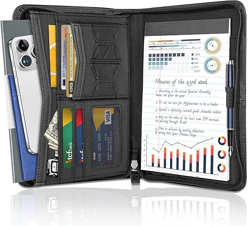 Padfolio - Carpeta organizadora de portafolio, carpeta de currículum de entrevistas, cartera de negocios con cremallera, carpeta de piel sintética