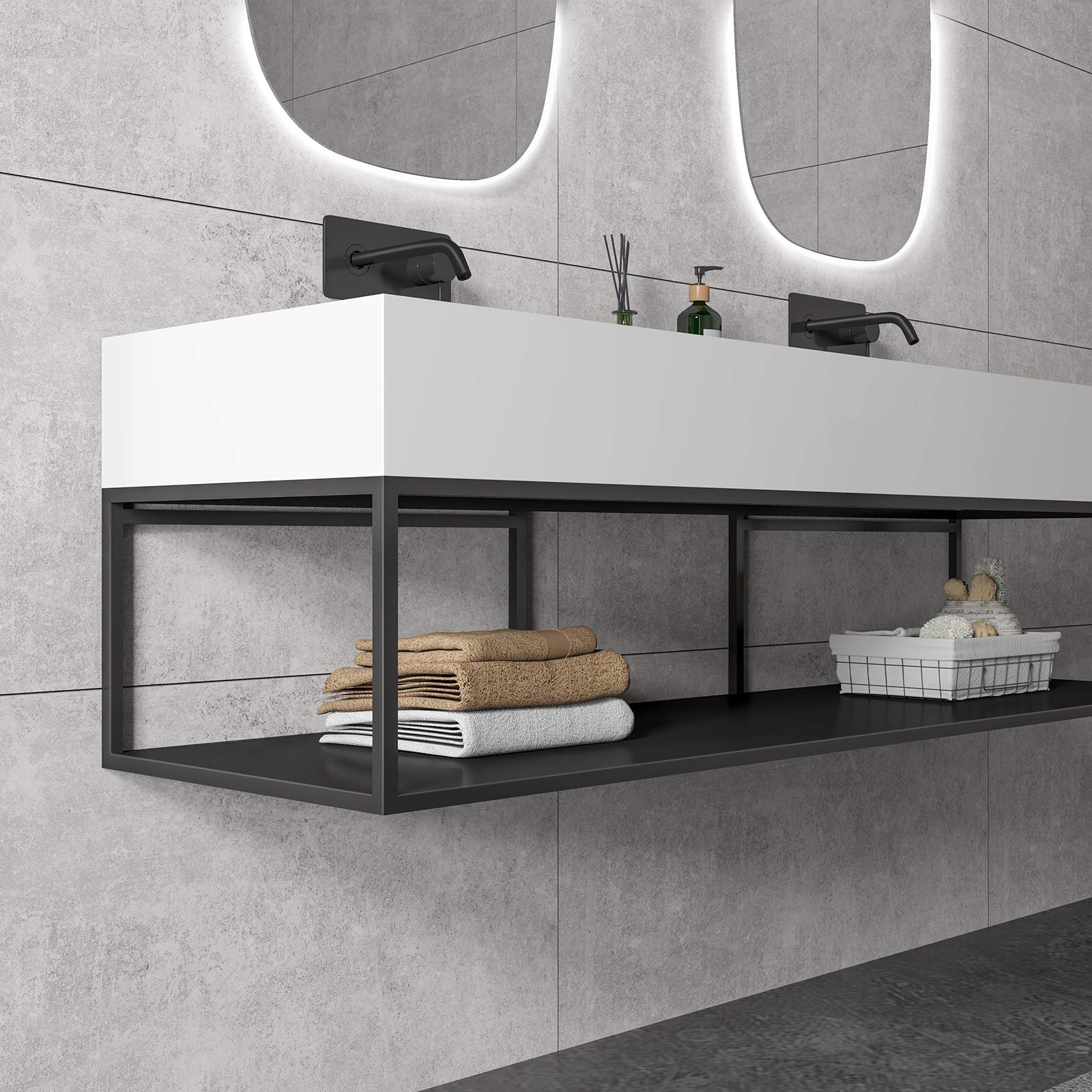 Double vasque à poser ou a suspendre TWG16, en solid surface - 153x45x15cm - couleur en option, Couleur:Blanc mat