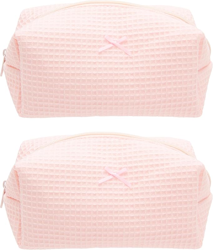 Necessaire de maquiagem PAZIMIIK com zíper, estampa xadrez Waffle Pink, pacote com 2
