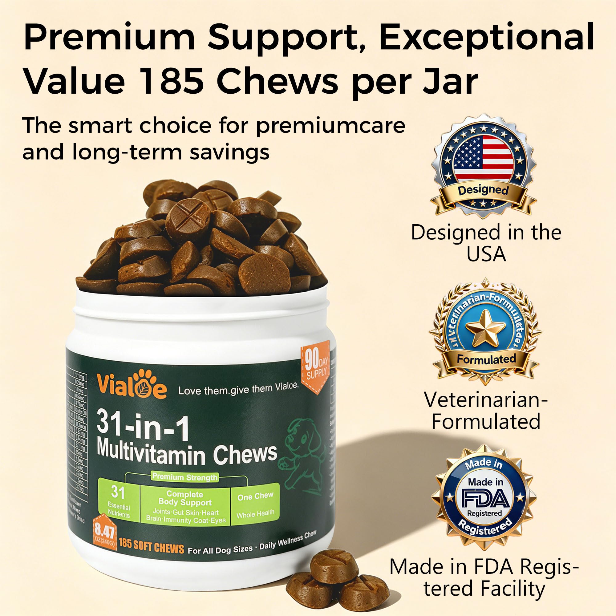 31-in-1 Dog Multivitamin Soft Chews – 185 Chews, 90-Day |SupplyGlucosamine+Chondroitin+MSM | Salmon Oil | 740M CFU Probiotics | Chelated Minerals | B-Complex | Gut+Immune | Grain-Free — Amazon image 8