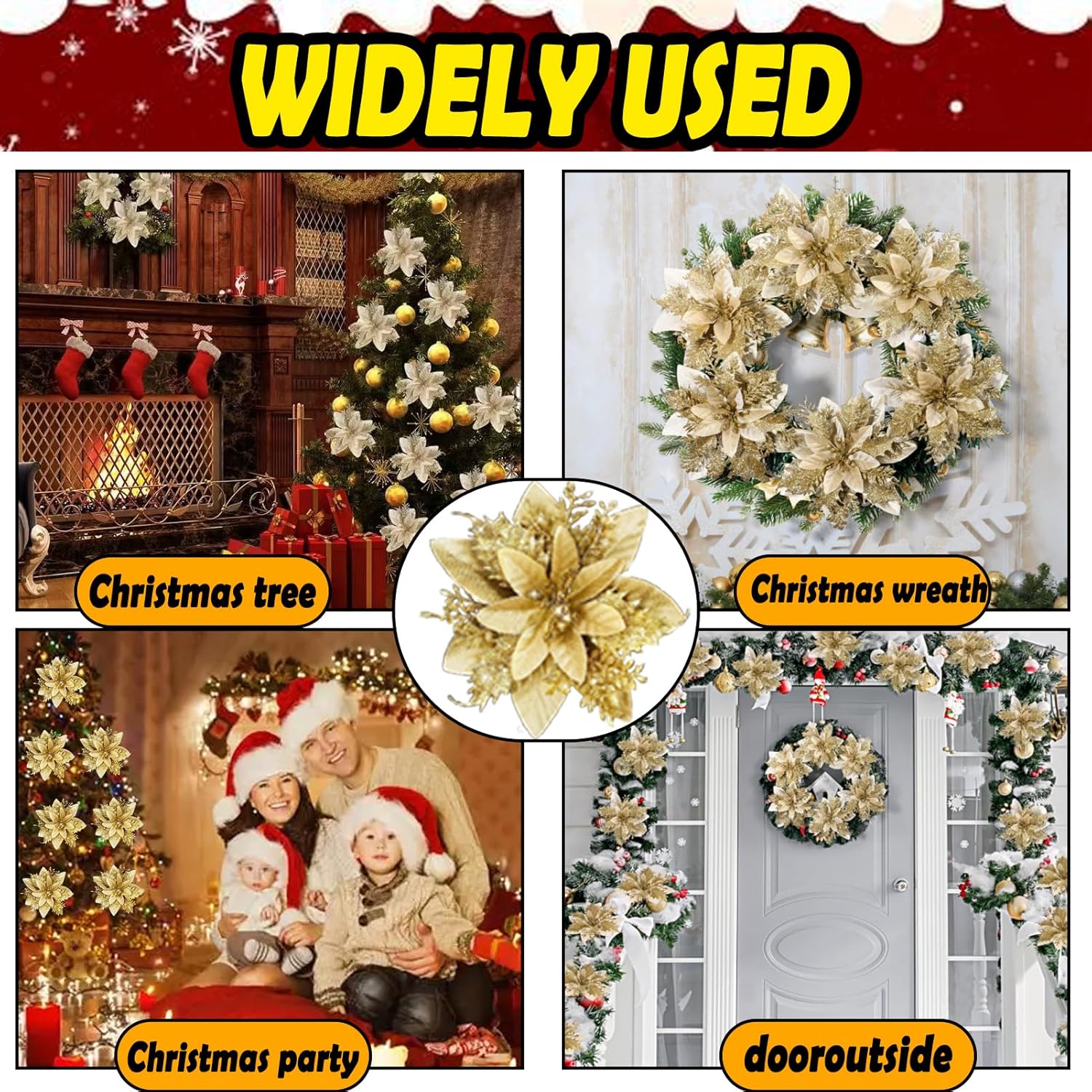 12pcs Artificial Flowers Glitter Poinsettia Christmas Decorations Xmas Tree Ornaments for Wedding Tree New Year Ornaments Xmas Garland Wreath Decorations(Gold)