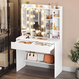 YITAHOME Tocador con Espejo y 10 Luces LED, 3 Colores con Brillo Ajustable, Tocador de Maquillaje con Estantes Ajustables, 2 Cajones, Mesa de Maquillaje, Estilo Moderno (Blanco)