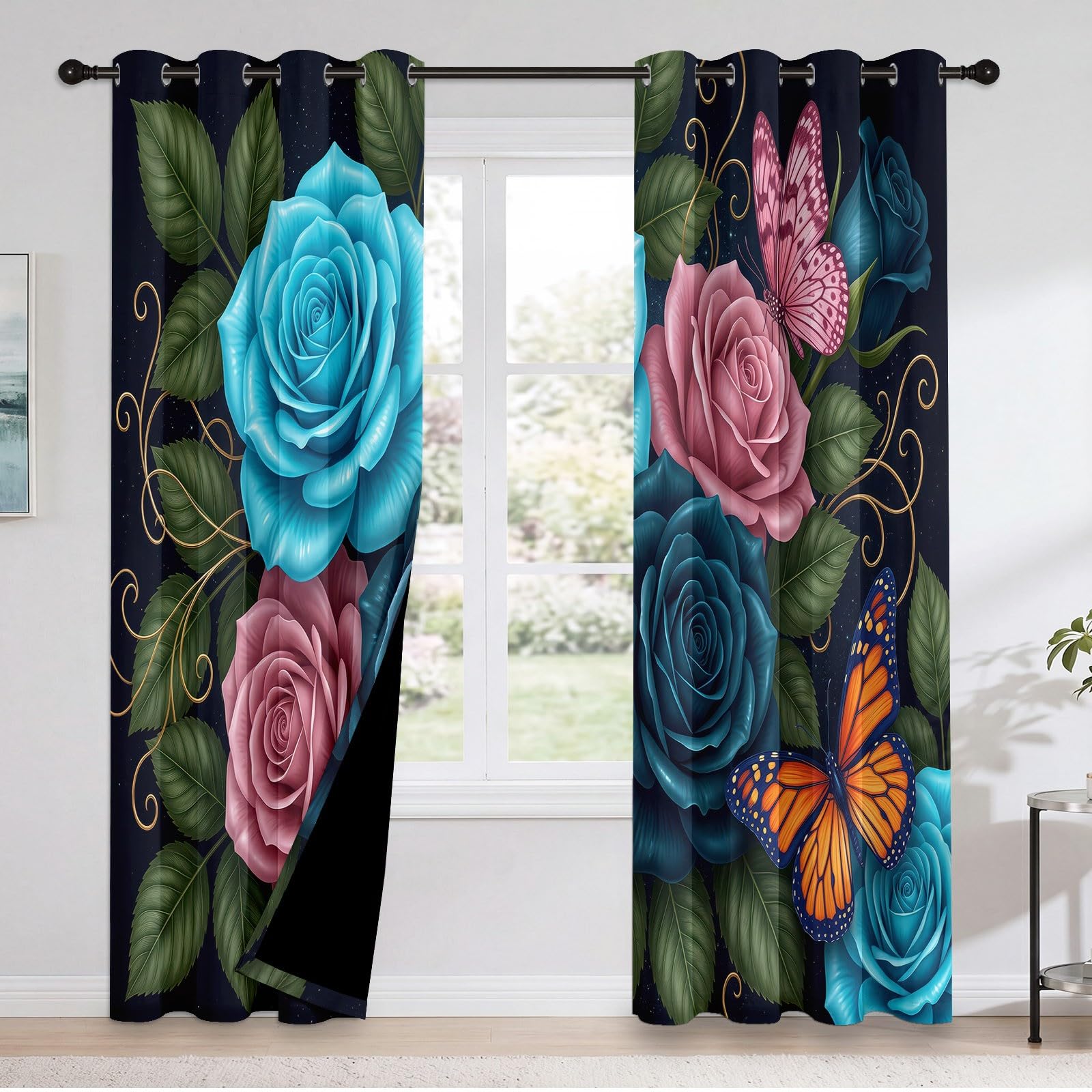 À Fleur Rideaux Occultants Thermique Isolant 117L X 183H cm (2 Panneaux), Enfant Rideau Occultant Opaque à Oeillets Feuille Pétale De Rose Tropical Motif pour Chambre d'enfant et Salon, Vert Foncé