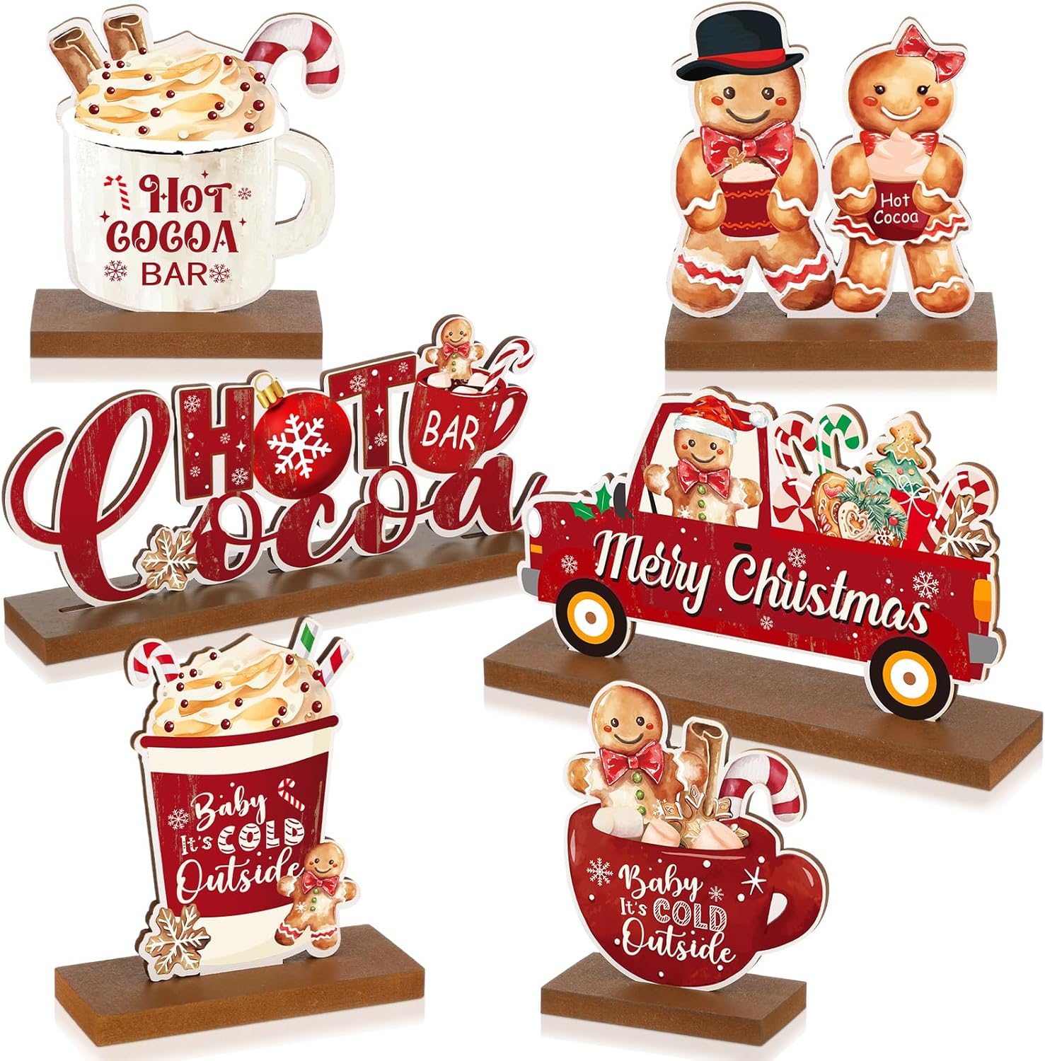 Gerrii 6 Pcs Christmas Table Decoration Wooden Hot Cocoa Table Sign Merry Christmas Gingerbread Man Tabletop Centerpiece Gift for Xmas Winter Coffee Bar Holiday Party Home Desk Shelf