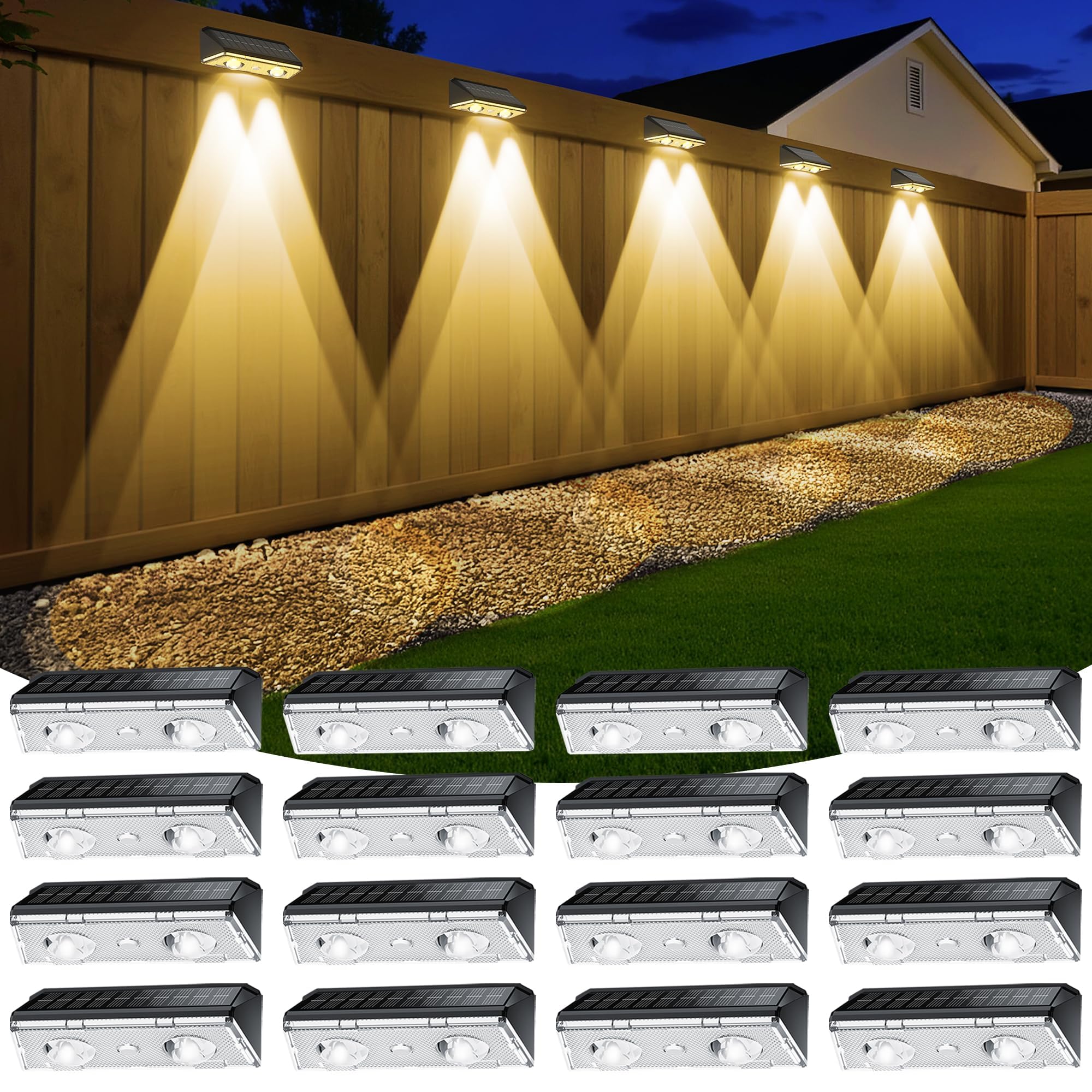 Photo 1 of KEILAIMO Solar Fence Lights Outdoor, 16 Pack IP65 Waterproof Fence Lights Solar Powered with Ultra-Bright LED Lens, 9 Color Modes, 12+ Hours Steady Glow for Deck/Backyard/Patio/Pool/Wall - Black