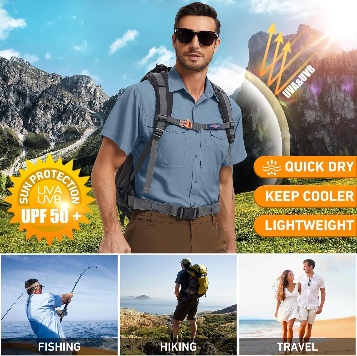 Men's Safari Hiking Fishing UPF 50+ UV Short Sleeve Button Shirt Lightweight Cooling Quick Dry Outdoor Sun Protection Shirts - Image 7