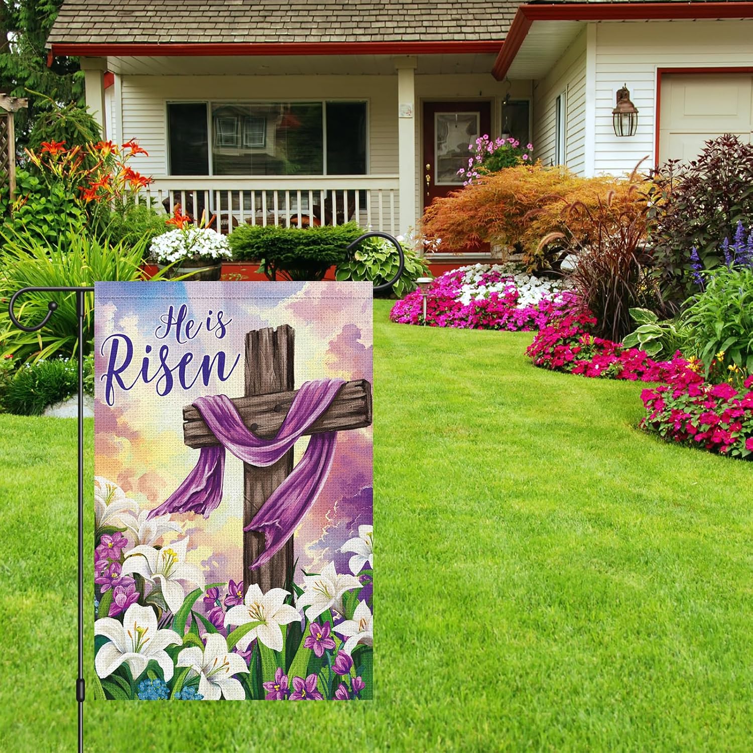 Heyfibro He is Risen Easter Cross Garden Flag 12x18 Double Sided Burlap, Lily Flower Spring Yard Banner for Holiday Farmhouse Jesus Religious Outdoor Decor(ONLY FLAG) - Image 7