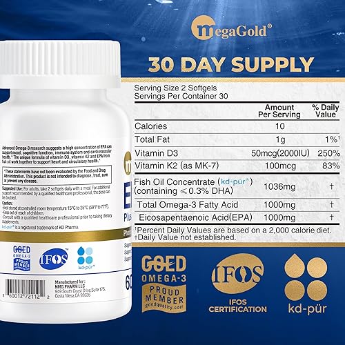 Miniatura 3 de Aceite de pescado Omega 3 Suplementos de ácidos grasos EPA 1000 mg, vitaminas D3 y K2 - Apoyando la salud cardiovascular, 1100 mg de aceite de