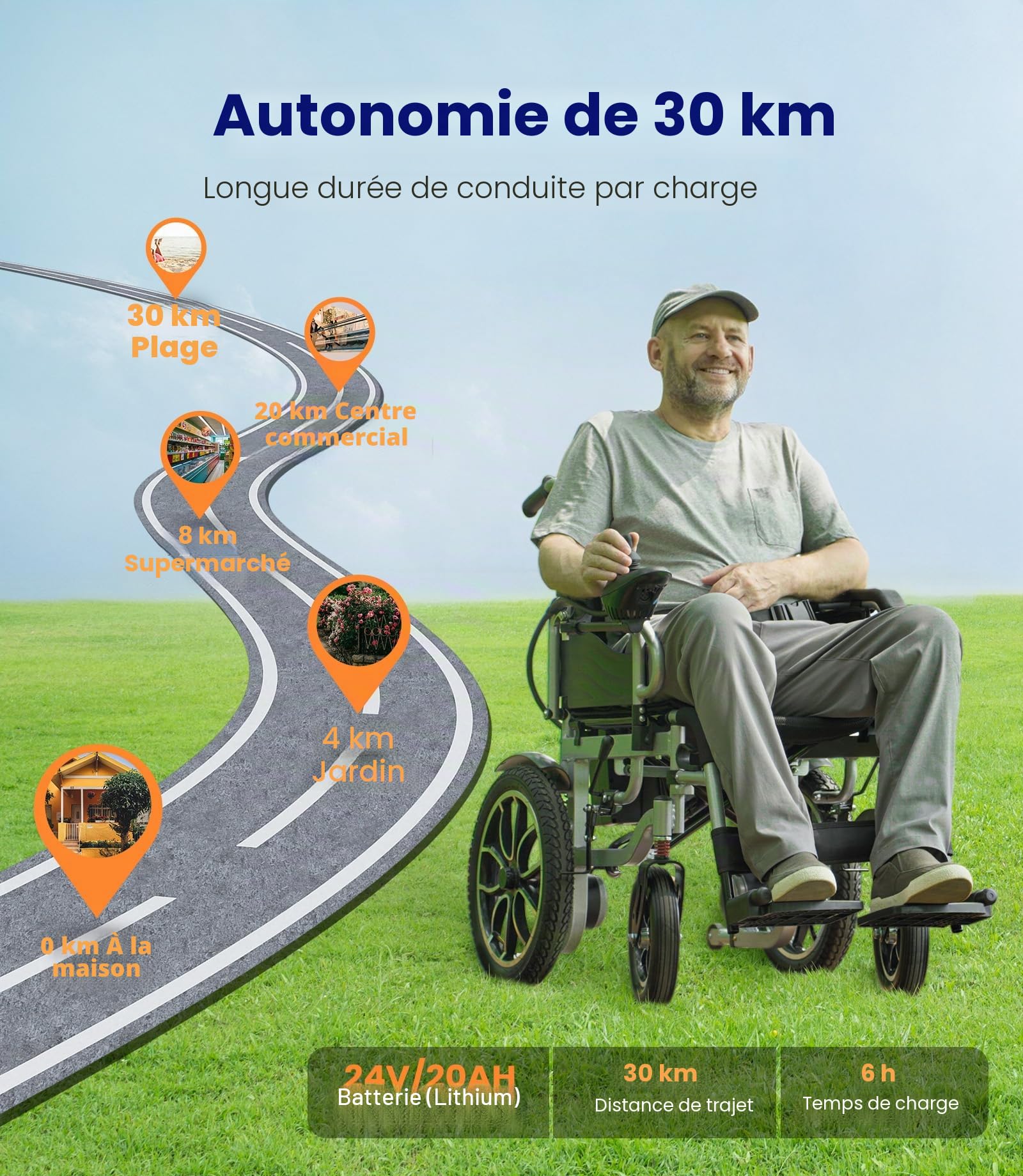 VOCIC Fauteuil roulant electrique pliable leger pour personnes âgées,30KM | fauteuil handicapés électrique Stable,Chaise roulante électrique avec 40CM pneus gonflables amortisseurs,5 ans de support