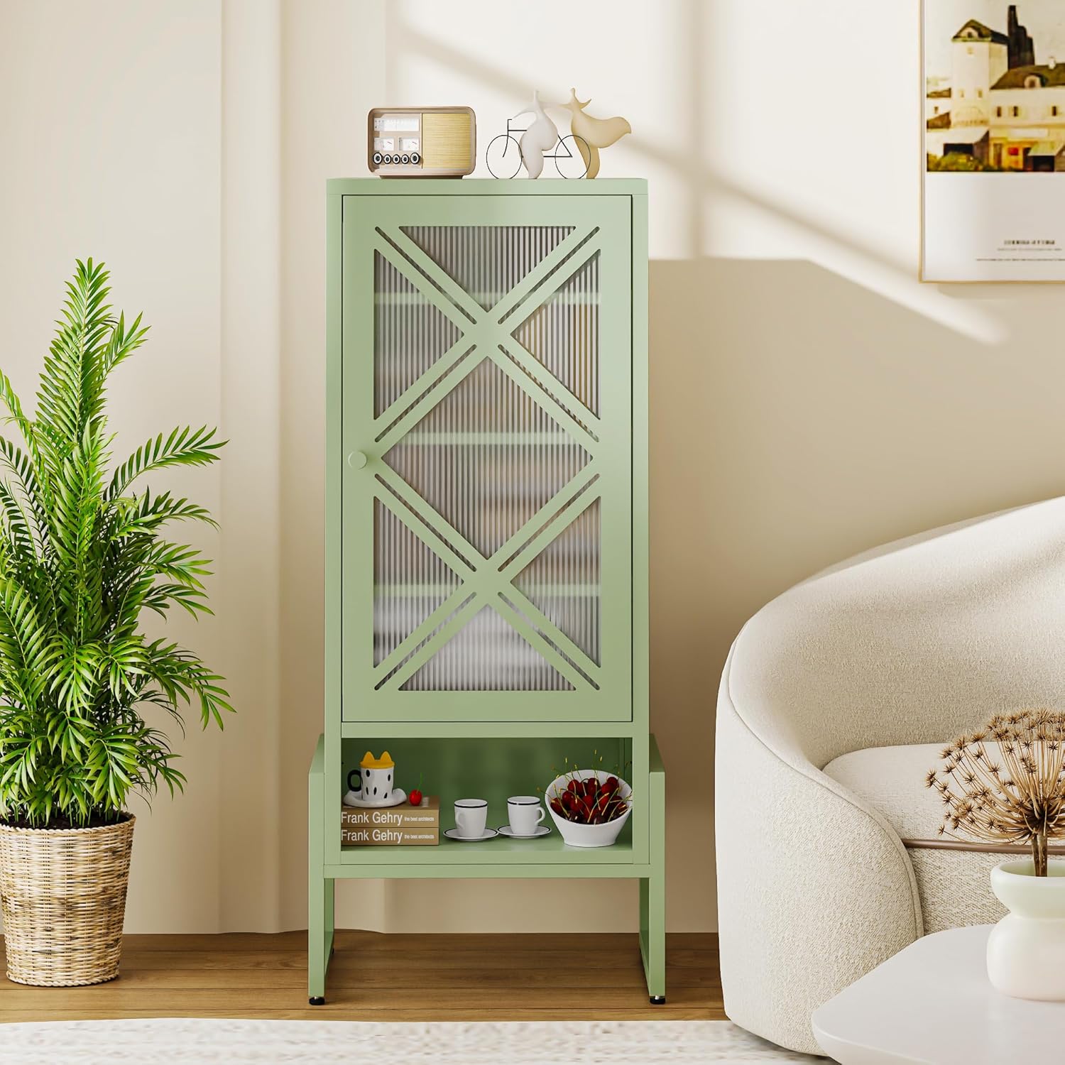 Outdoor Storage Cabinet, Heavy-Duty Metal Patio Cabinet with Waterproof & Rust-Resistant Coating, 3 Adjustable Shelves, Raised Base for Balcony, Backyard, Porch & Garden (Sage Green)