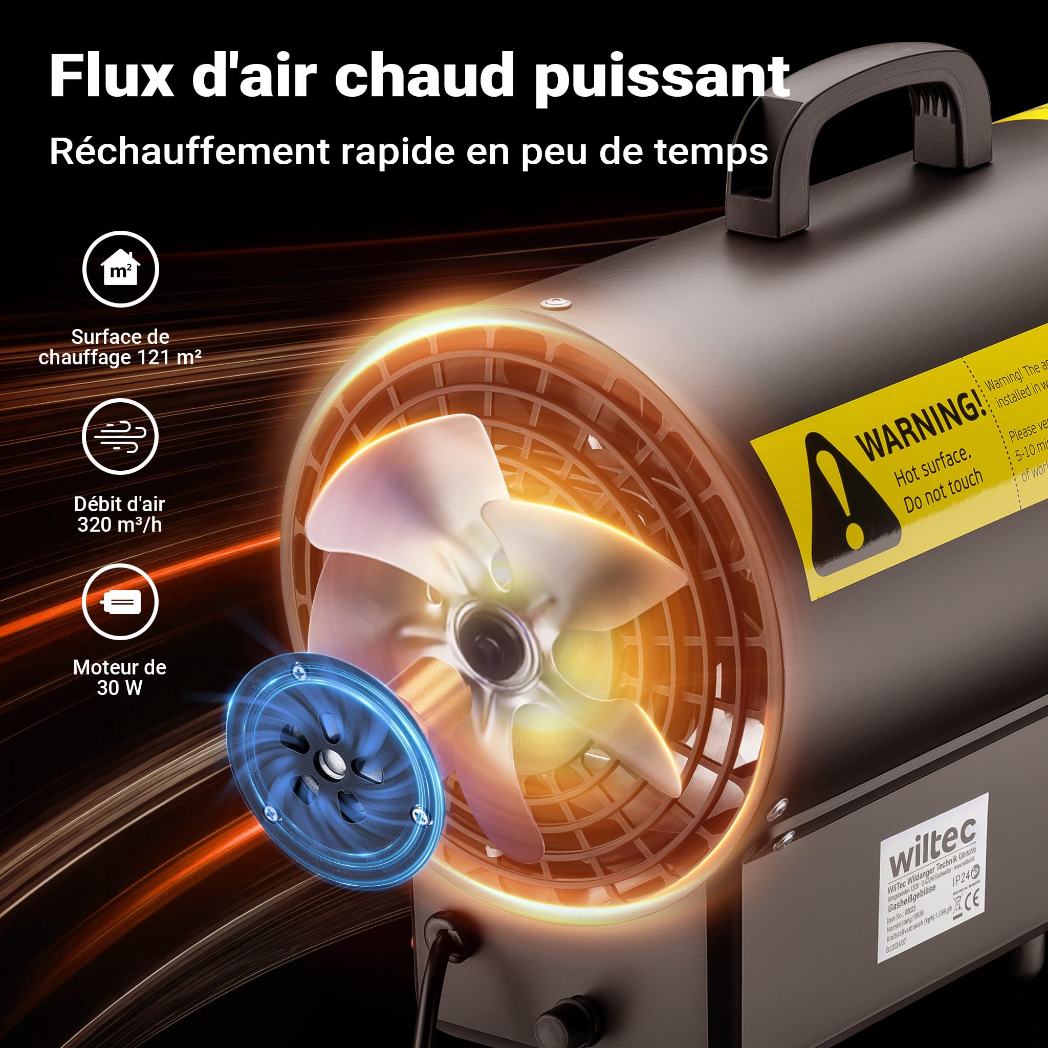 Wiltec Générateur de chaleur – Puissance calorifique 15 kW, moteur 30 W – Débit d’air 320 m³/h – Fonctionnement sur gaz GPL – avec régulateur et tuyau – Canon air chaud