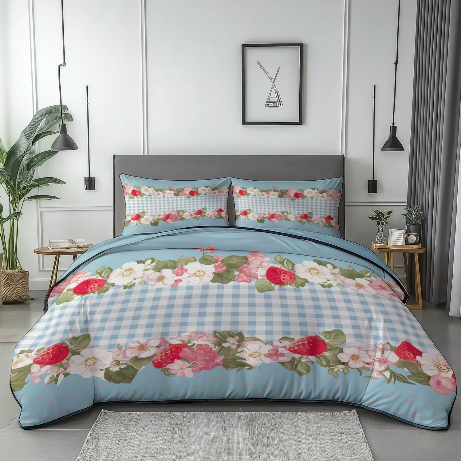 Parure de lit 240x260 cm réversible en microfibre brossée avec motif floral bleu