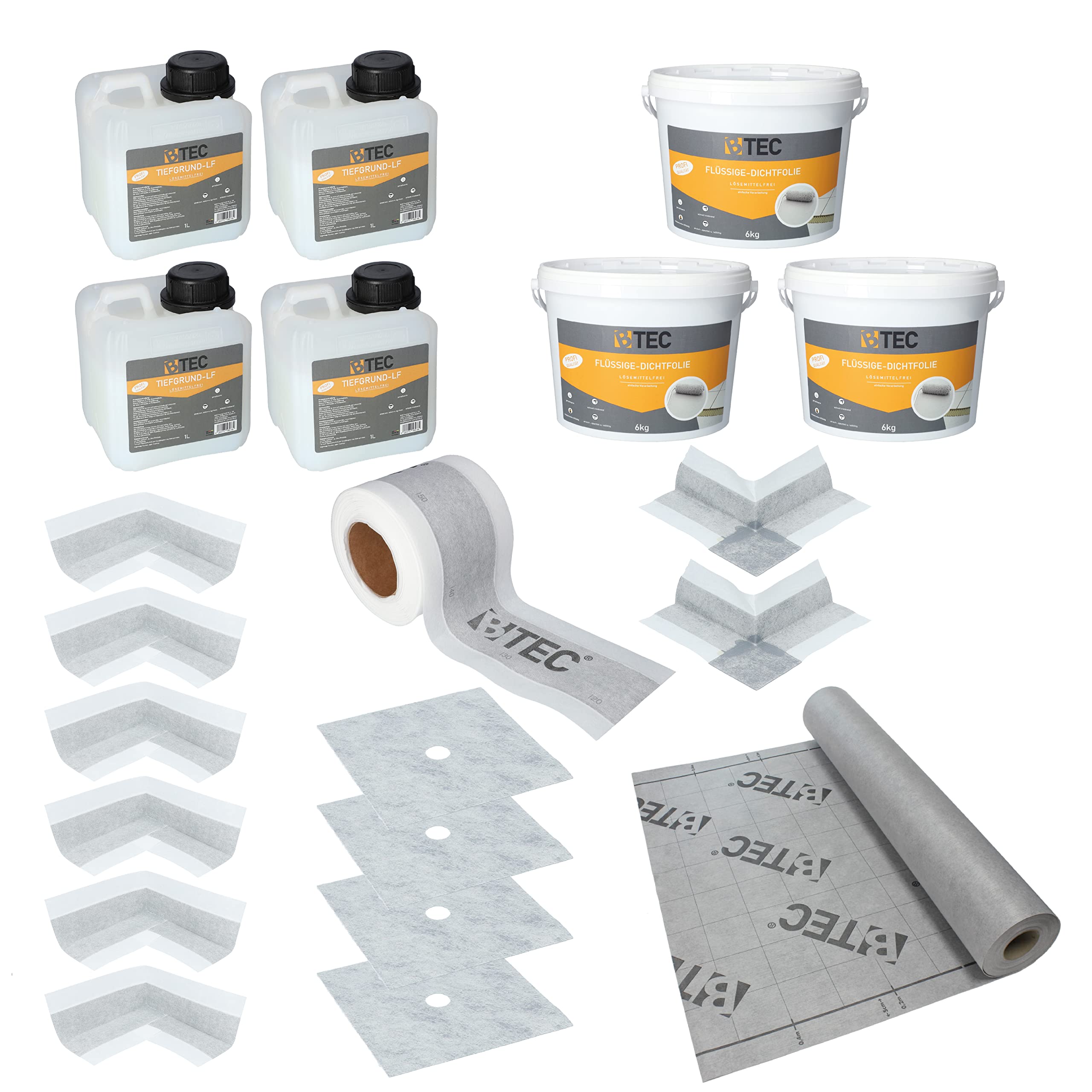 BTEC Dicht-Set 7B Dichtmaterial Innen-/Außenecken Manschetten Tiefgrund | Abdichtungsbahn 18kg Flüssigdichtfolie Dichtband großes Bad Standard Verbundabdichtung Innenbereich