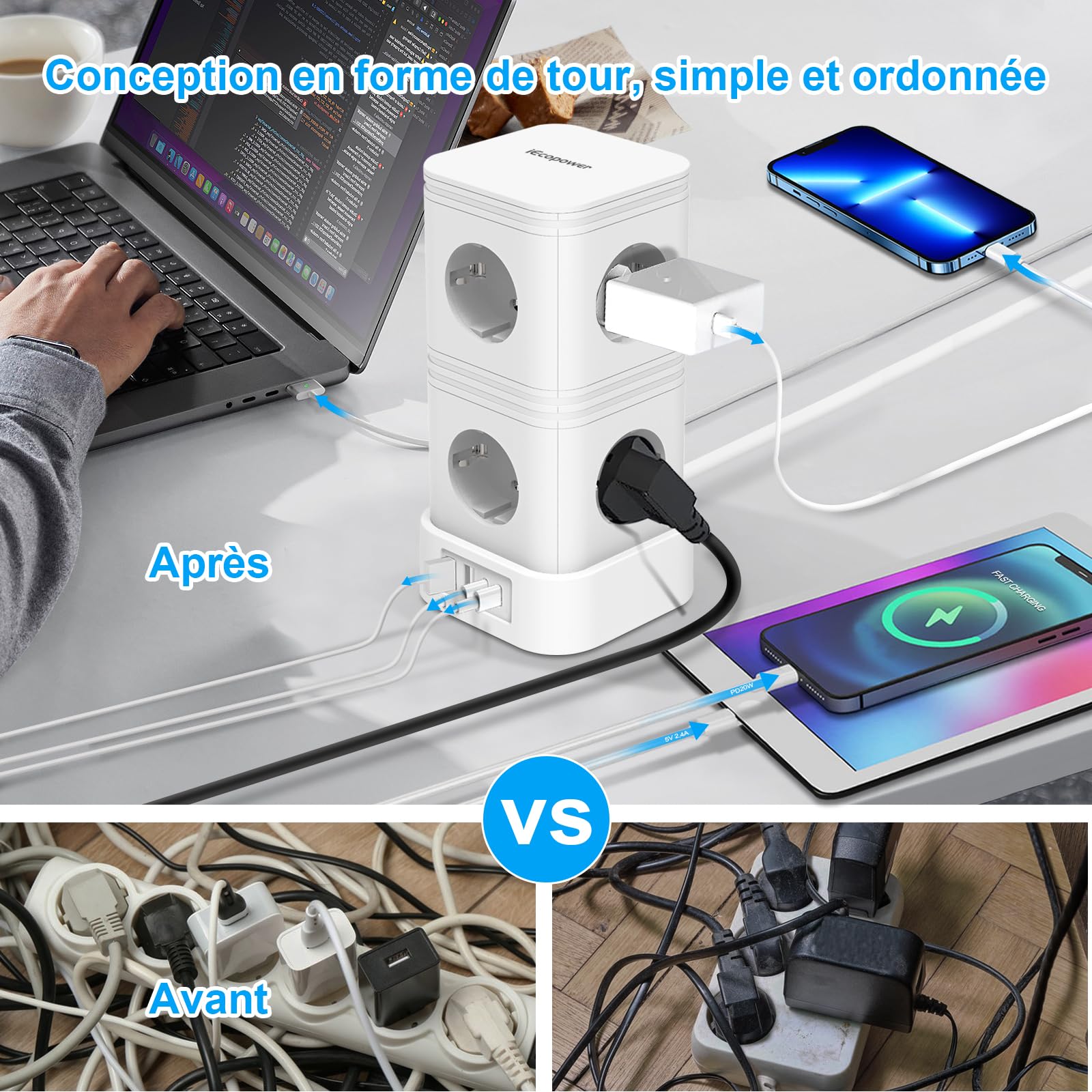 IECOPOWER Tour Multiprise avec Interrupteur,PD20W USB multiprise(2 USB-C Ports et 2 USB-A Ports),Multiprise parafoudre,4000W/16A,1050 J, rallonge Electrique 5m, Blanc