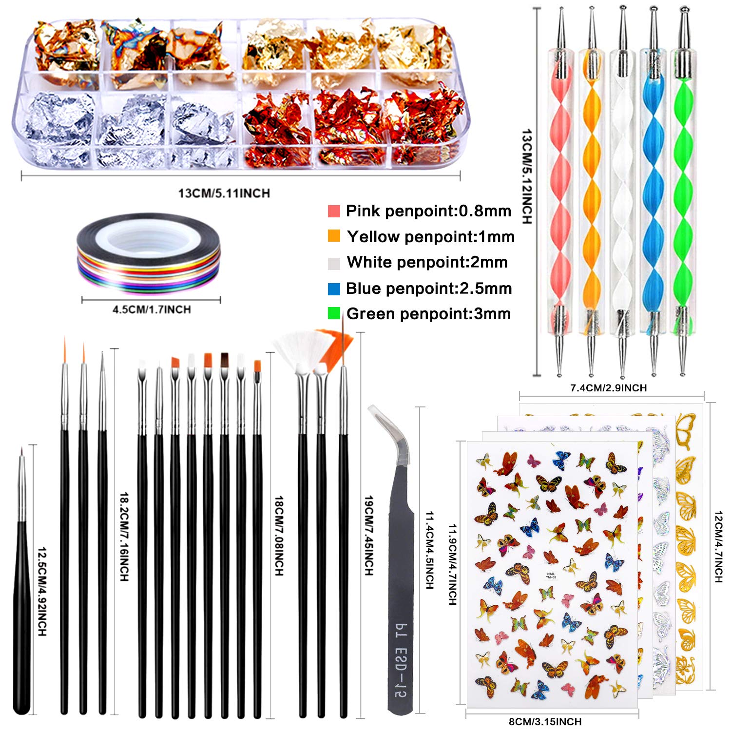 JOYJULY Nail Art Design Tools, 3D Nail Art Decorations Kit with Nail Art Brushes Dotting Tools Holographic Nail Art Stickers Nail Foil Tape Strips and Nails Art Rhinestones and Pick-Up Tweezers