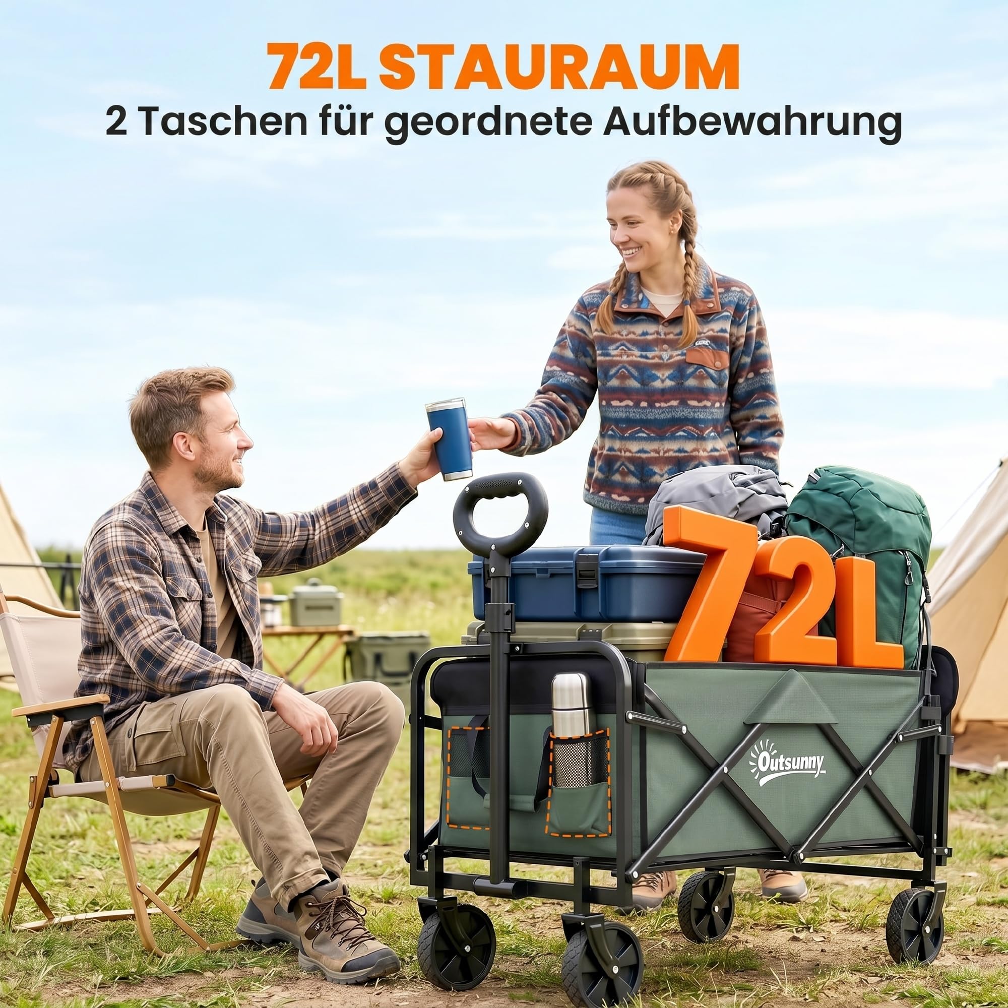 Outsunny Gartenwagen 90 kg Belastbar Klappbar Bollerwagen Faltbar Grün