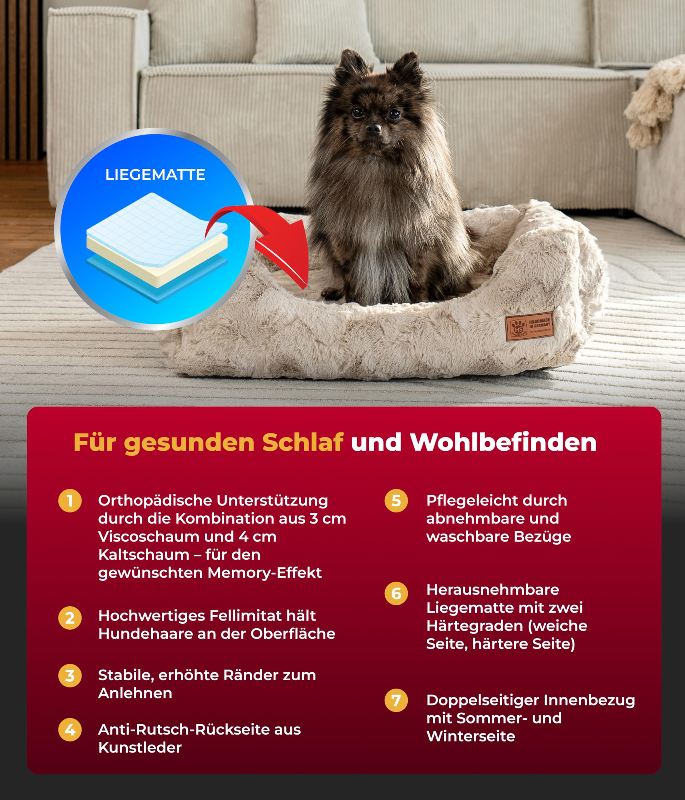 Kuschelbett Deluxe Exklusiv XS (50x70 cm) – Orthopädisches Hundebett mit Memory Foam & Anti-Rutsch – Waschbar – Sand – Made in DE