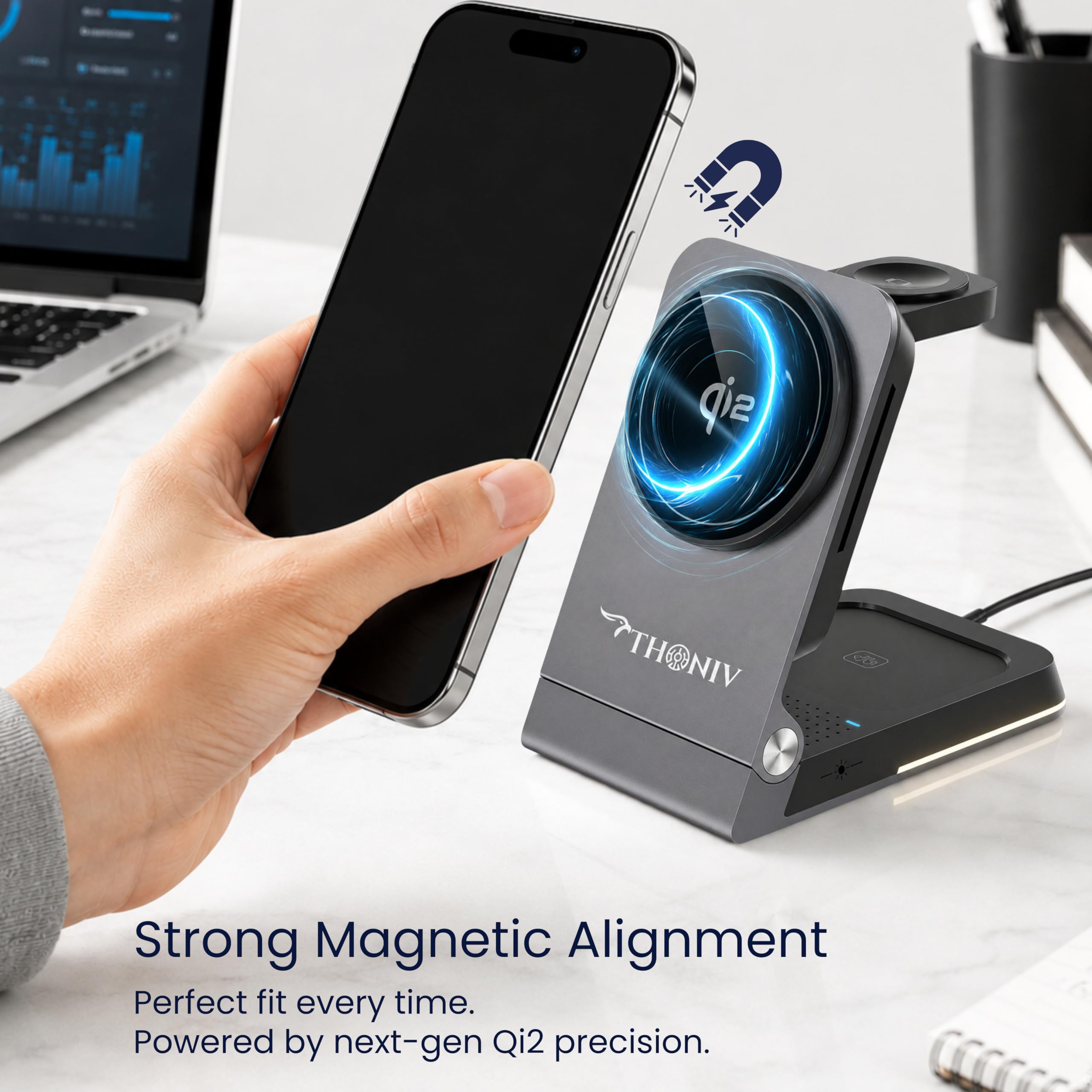 Qi2 3 in 1 Faltbare Magnetische Kabellose Ladestation für Apple Geräte 15W Schnellladegerät für iPhone 11-17, Apple Watch und AirPods Tragbares Reise-Dock, kompatibel mit MagSafe. 30W Adapter