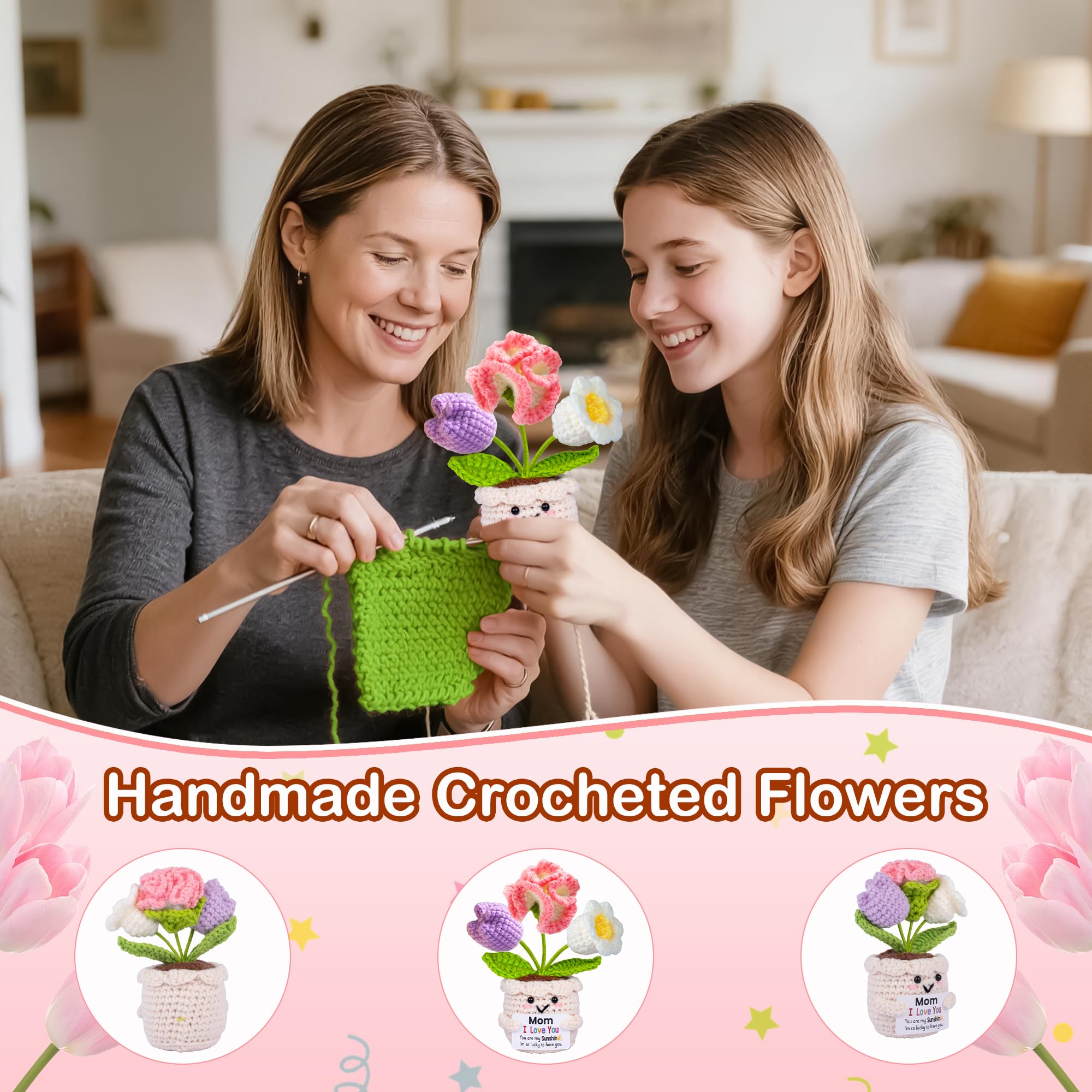 Mothers Day Mom Gifts for Mom, Gifts for Moms from Daughter Son, Mother's Day Birthday Gift for Moms Mother in Law Step Mama, Cute Handmade Crochet 3 Flowers Pot Doll I Love You Present for Mum - 5