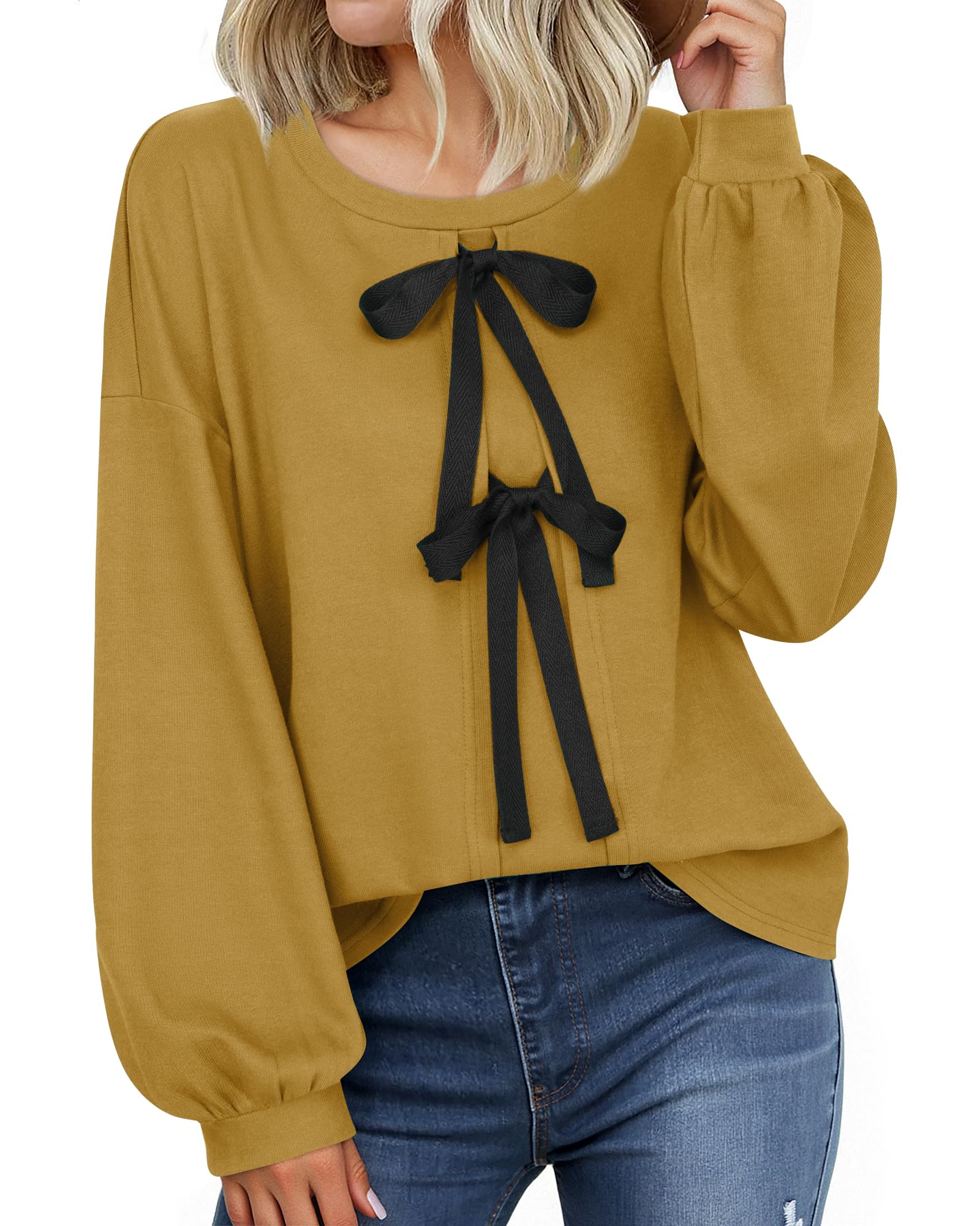 Vivilli Women's Tie Front Knit Tops Long Lantern Sleeve Shirts Crewneck Sweatshirts A-Line Patchwork Fall Fashion Tunic