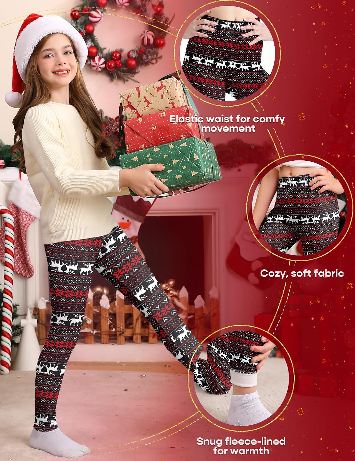 BesserBay Girls Ugly Christmas Leggings Fleece Lined Thick Stretch Yoga Pants 6-14 Years