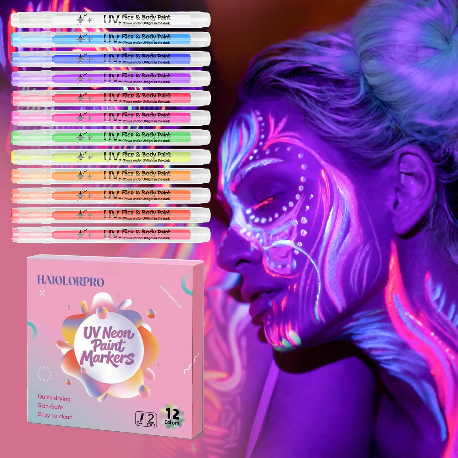 HAIOLORPRO 12Colors Glow in the Dark UV Face Paint Pen for FluorescentParty Multicolor A