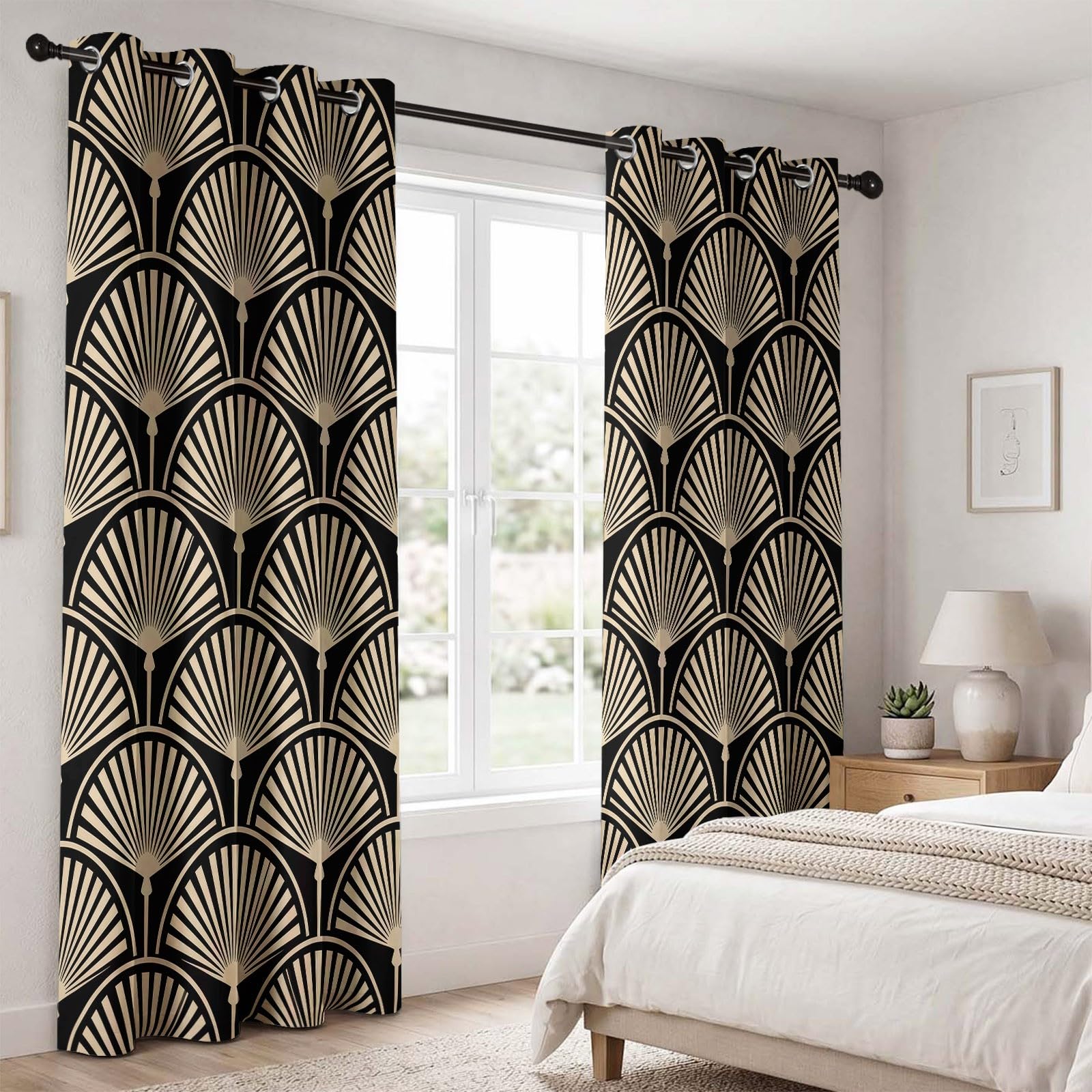 Rideau occultant Abstrait À Fleur De Ventilateur, Art Rideaux œillets Isolation Thermique Traitements fenêtre à œillets pour Salle De Séjour, 140L X 260H cm (2 Panneaux), Beige