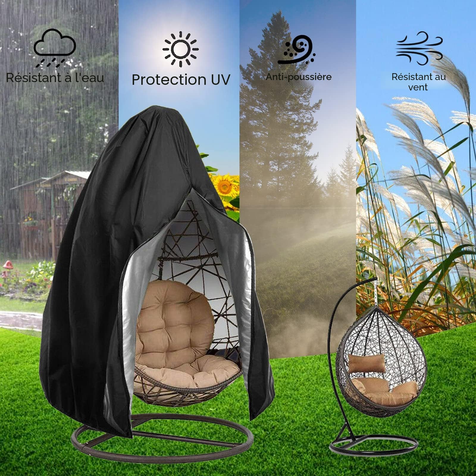 Couverture de Chaise Suspendue Jardin Rotin Osier Fauteuil Suspendu Housse de Protection pour œufs Chaise résistant à l'eau et à la poussière - 190 X115cm (Noir)