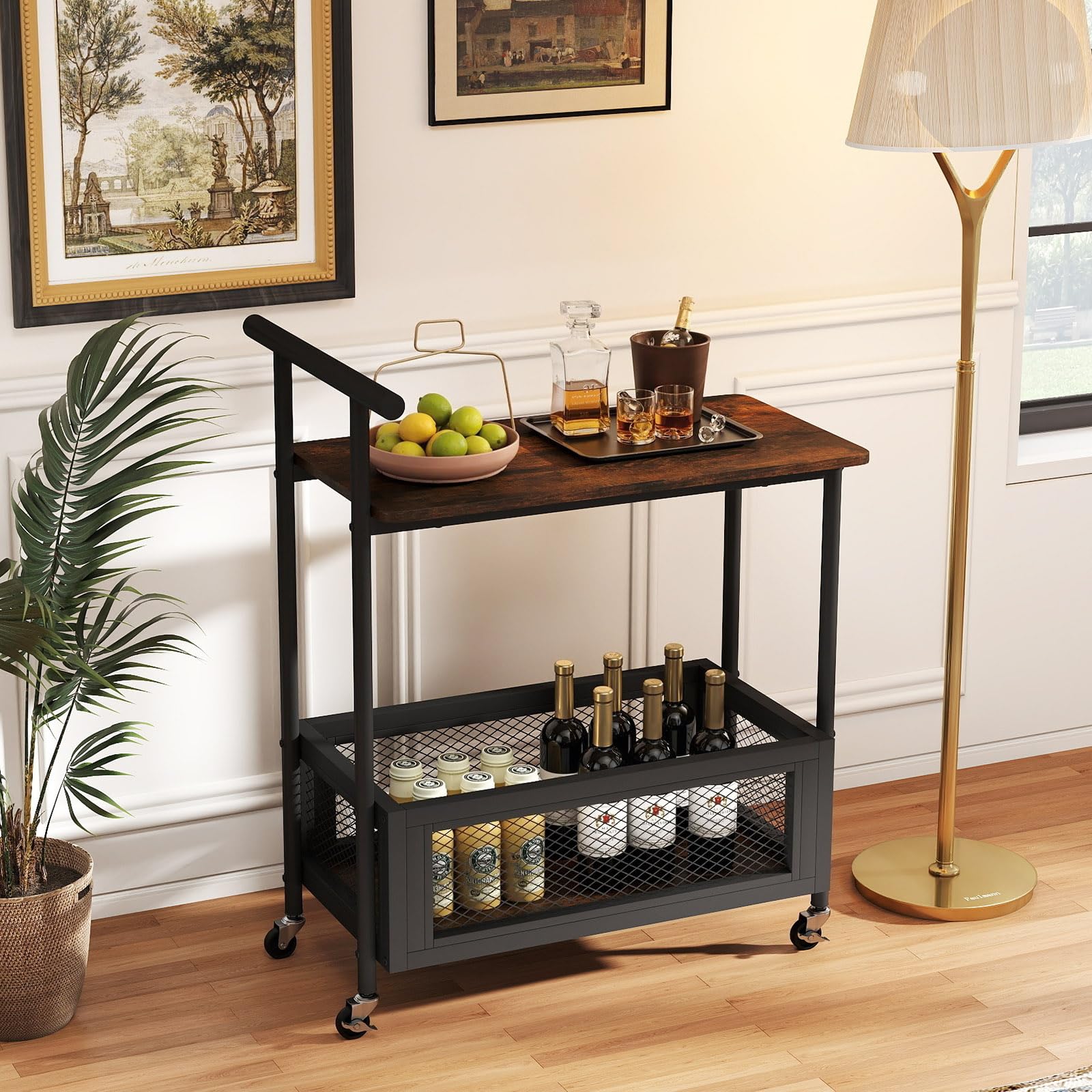 COSTWAY Chariot de Service en Métal avec Plateau en Bois, Desserte de Cuisine sur roulettes avec Rangement, Panier en Maille, Style Industriel pour Cuisine, Salon
