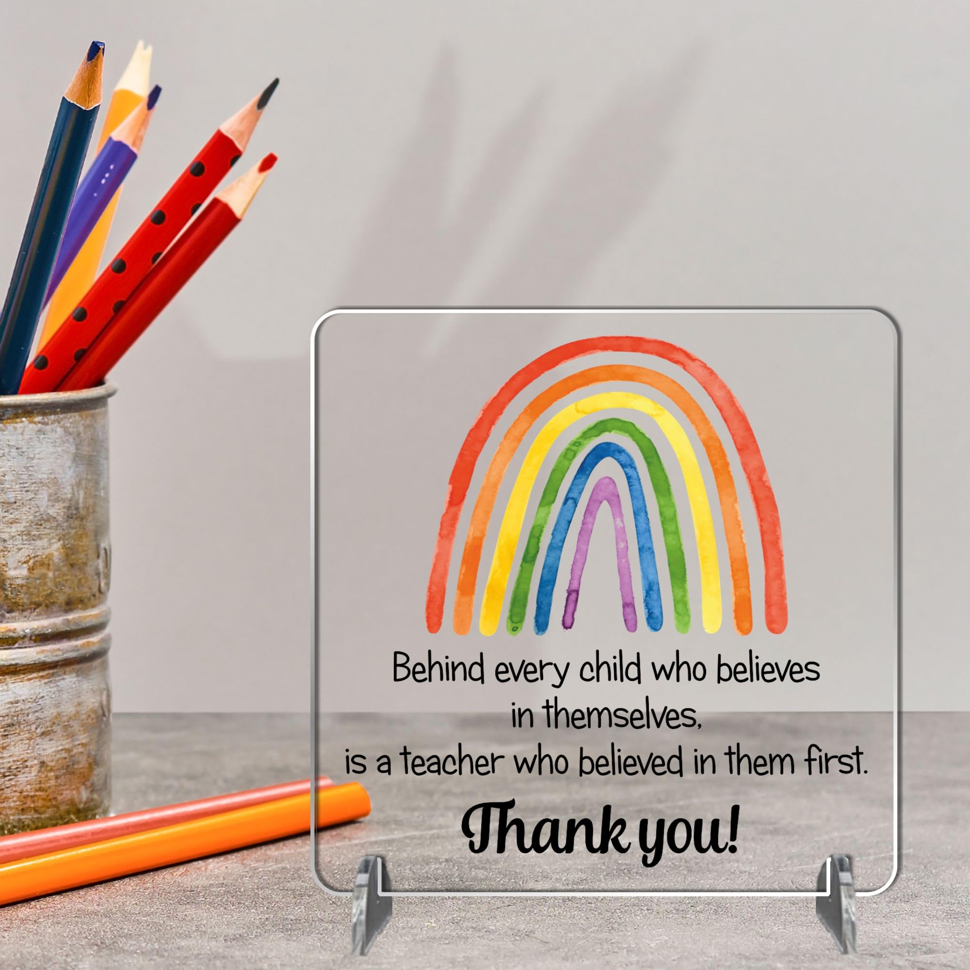 Acrylic Small Square Freestanding Plaque for Teachers - Thank You Gift for End of Term School Nursery Staff SENCO SEND Workers - Humorous Desk Shelf Decor Sign (Rainbow 2)