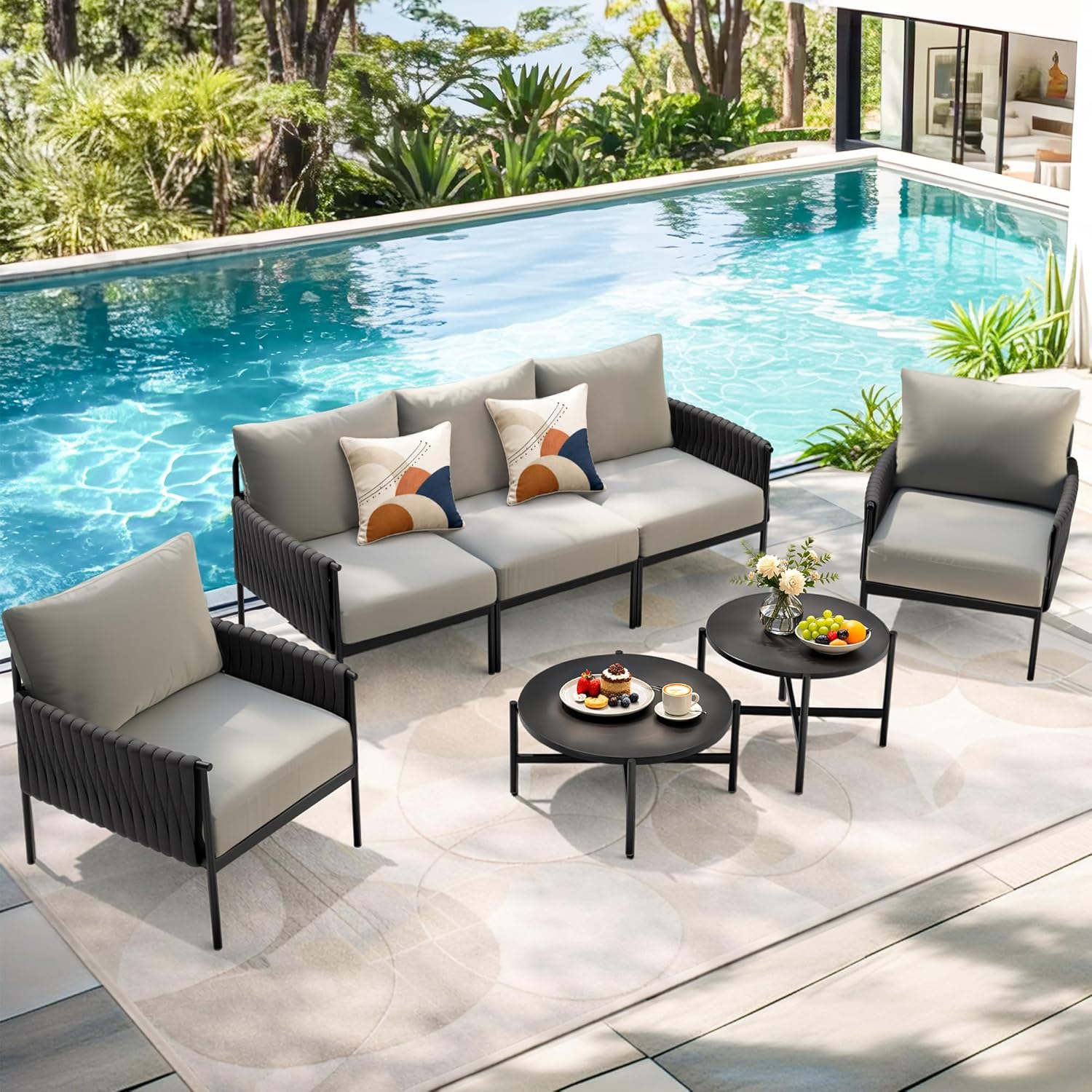 Pamapic 7-Piece Woven Rope Outdoor Furniture Set, Iron Frame Patio Conversation Set with Thick Cushions & 2 Coffee Tables, All-Weather Sectional Patio Furniture Set for Backyard, Porch, Grey