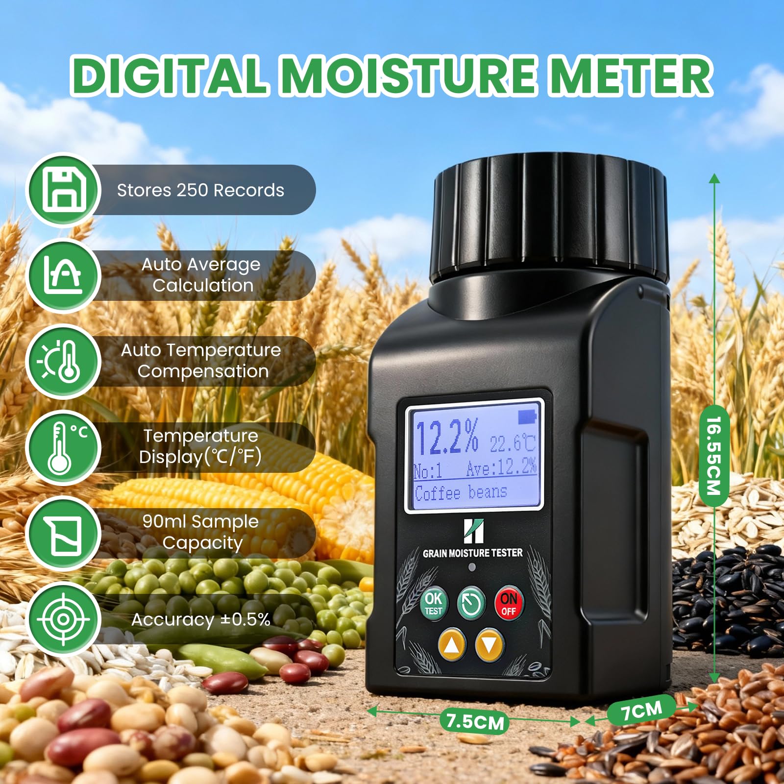 Huanyu Getreide Feuchtigkeitsmessgerät Grain Moisture Meter für 40 Sorten, ±0.5% Genauigkeit, Feuchtigkeitsmesser mit 14 Sprachen inkl. Deutsch, Temperaturkompensation, für Weizen, Rohkaffee und mehr