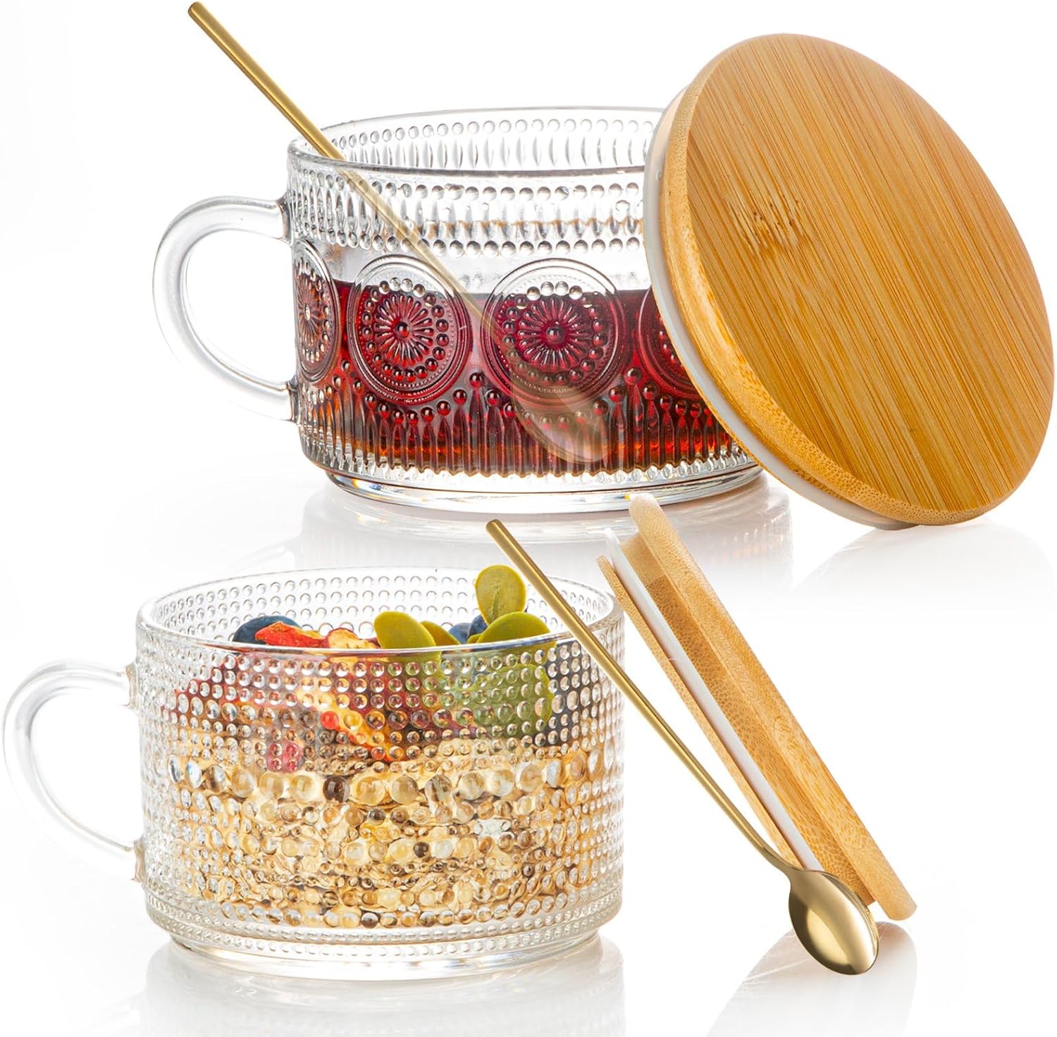 Vintage Glass Coffee Mugs Set of 2, Overnight Oats Containers with Bamboo Lids and Spoons - 14oz Clear Tea Cups for Cappuccino Latte Americano Cereal Yogurt Beverage Vintage Coffee Mugs Set Of 2