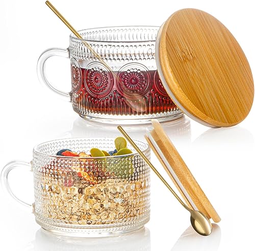 Juego de 2 tazas de café de vidrio vintage, recipientes de avena con tapas y cucharas de bambú, tazas de té transparentes de 14 onzas para bebidas