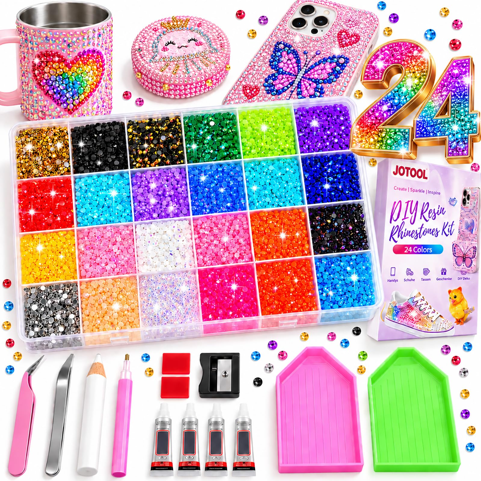 24000 Stück Bedazzler Kit with Glue, Rhinestones Bedazzling, Strasssteine | 24 Farben, 4 x Kleber, Applikatorstift, Wachsstift und Sortierschalen, Glitzersteine Set für Nail Art und DIY-Dekorationen