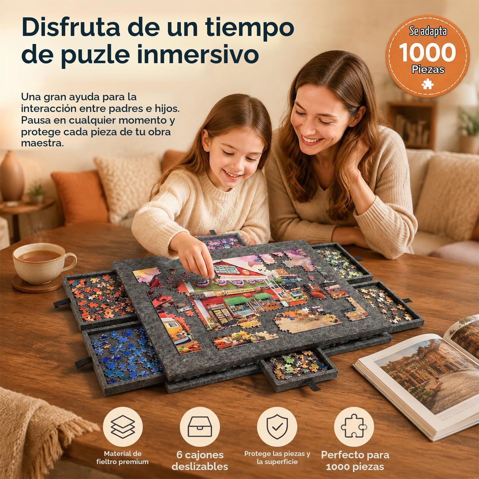 Rompecabezas de 6 cajones, 1000 piezas, mesa de rompecabezas 2 en 1 con soporte y cubierta (negro)