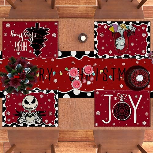 Miniatura 6 de Juego de 4 manteles individuales de lino para mesa de Halloween, diseño de calavera gótica, pesadilla de Navidad, decoración y suministros para el