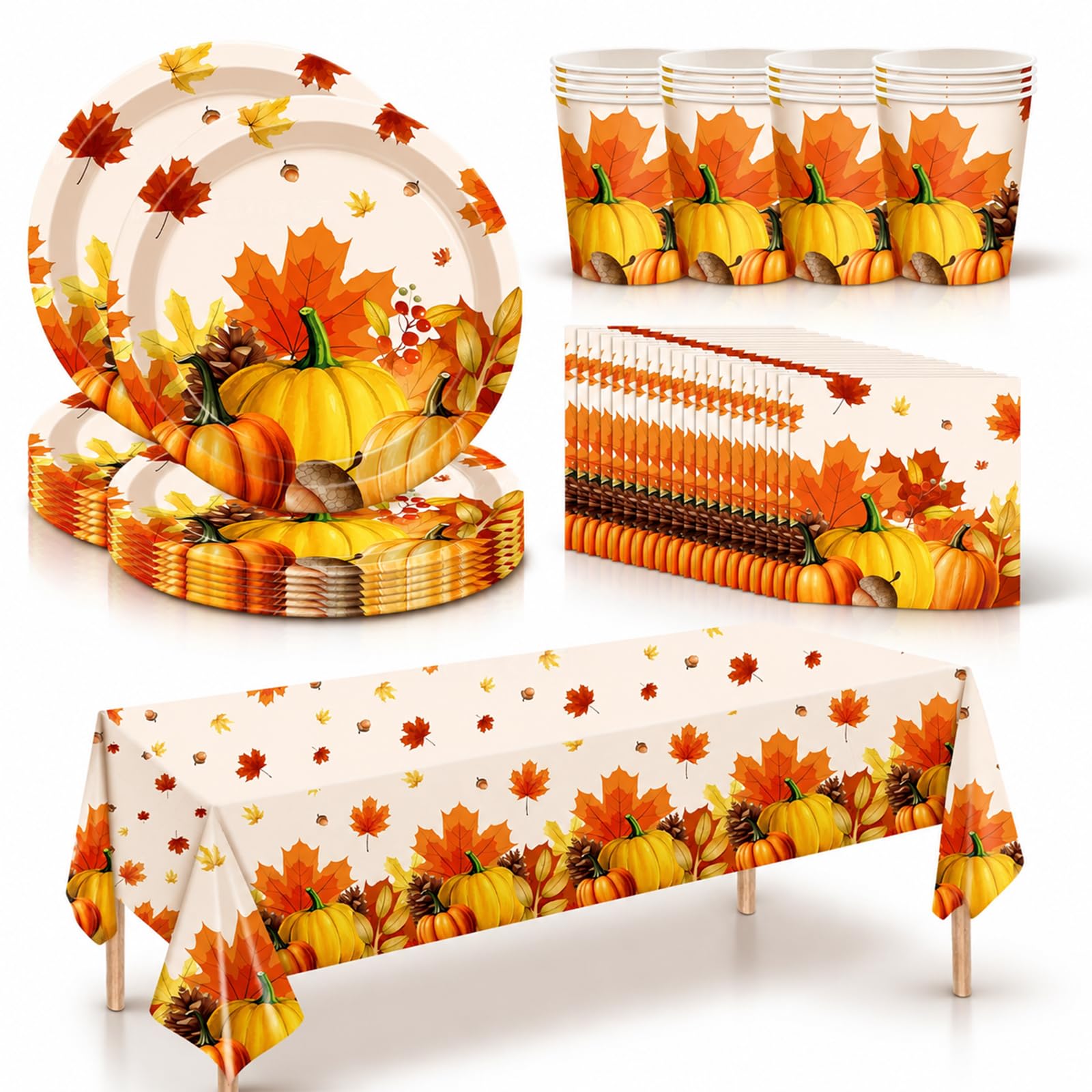 Cuxawamiyo Autumn Table Decoration Set, 53-piece Thanksgiving Party Supplies Set with Pumpkin Paper Plates, Paper Cups, Napkins and Tablecloth, Autumn Decoration for Thanksgiving, Family