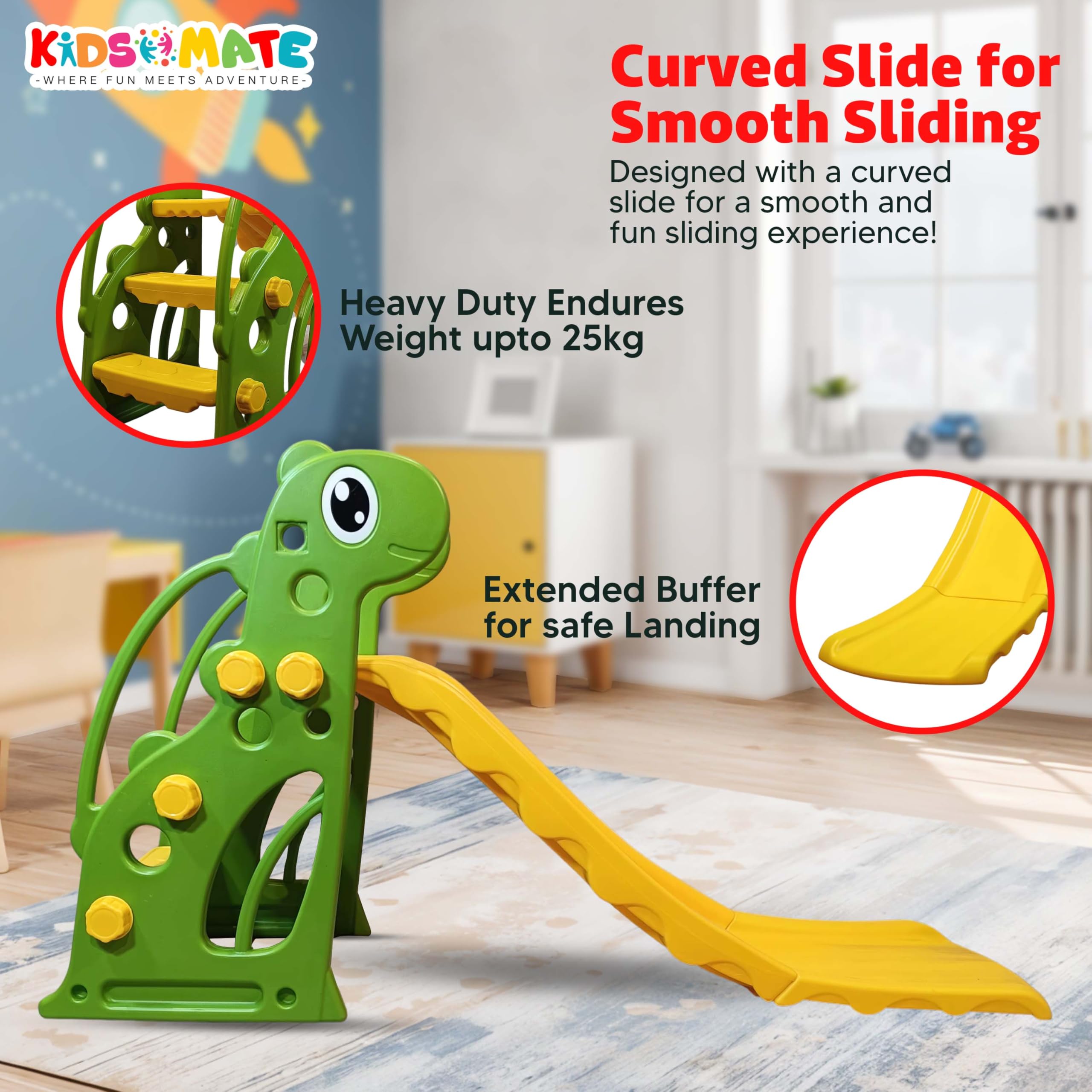 Kidsmate Indoor & Outdoor Fun Slide for Kids | Safe, Durable PE Plastic with Rounded Corners | Quick Assembly Baby Slider Perfect for Kids 2-4 Years | Supports Up to 30 kg - Yellow/Green 3