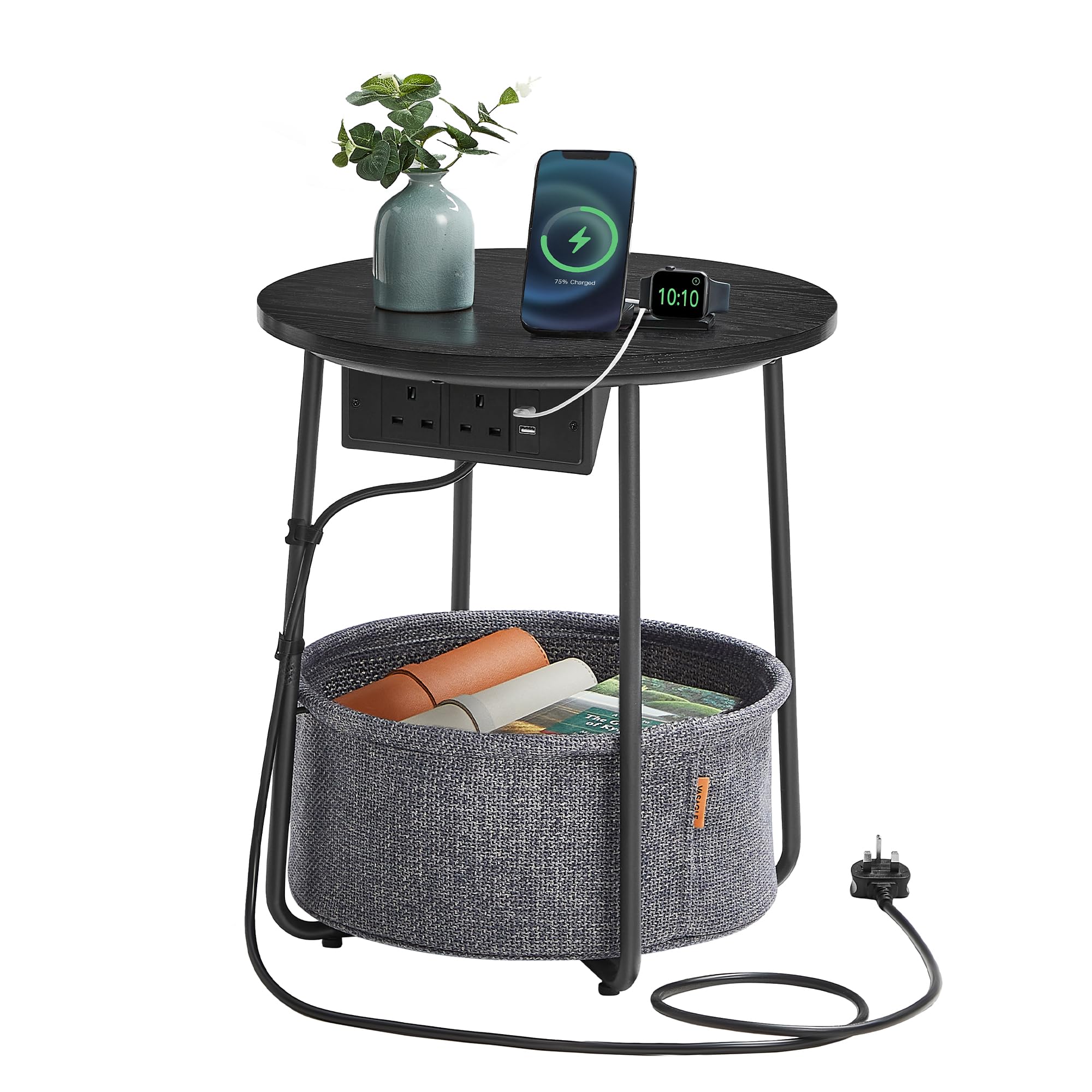 VASAGLE Side Table with Charging Station, Round End Table with Power Outlets, USB Ports, Fabric Basket, Living Room, Bedroom, Bedside Table, Modern, Ebony Black and Slate Grey LET228B03