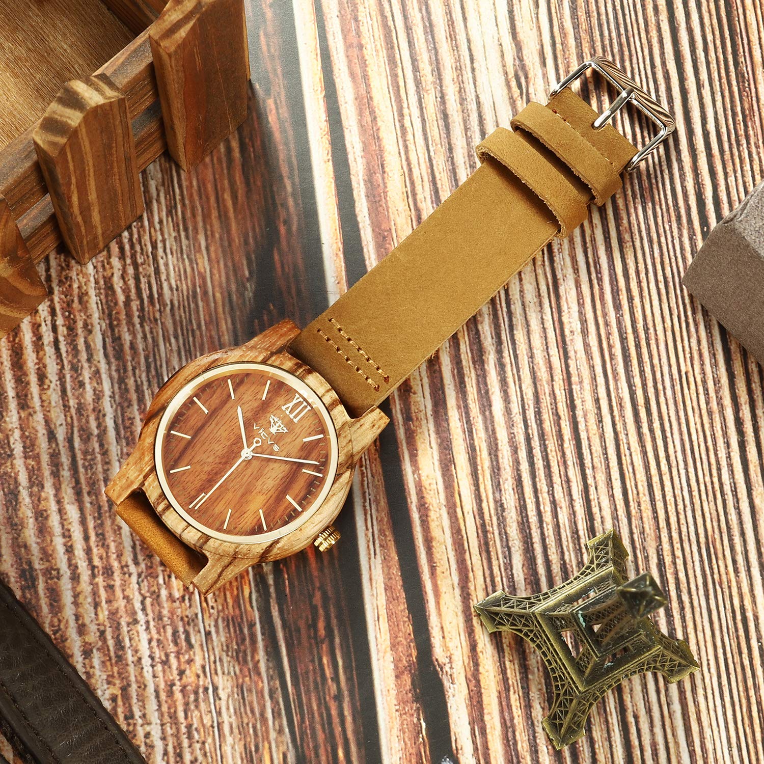 VICVS Orologi in legno per uomo e donna, noce naturale/legno di ulivo cronografo al quarzo giapponese, cinturino regolabile, sport militari e tempo libero