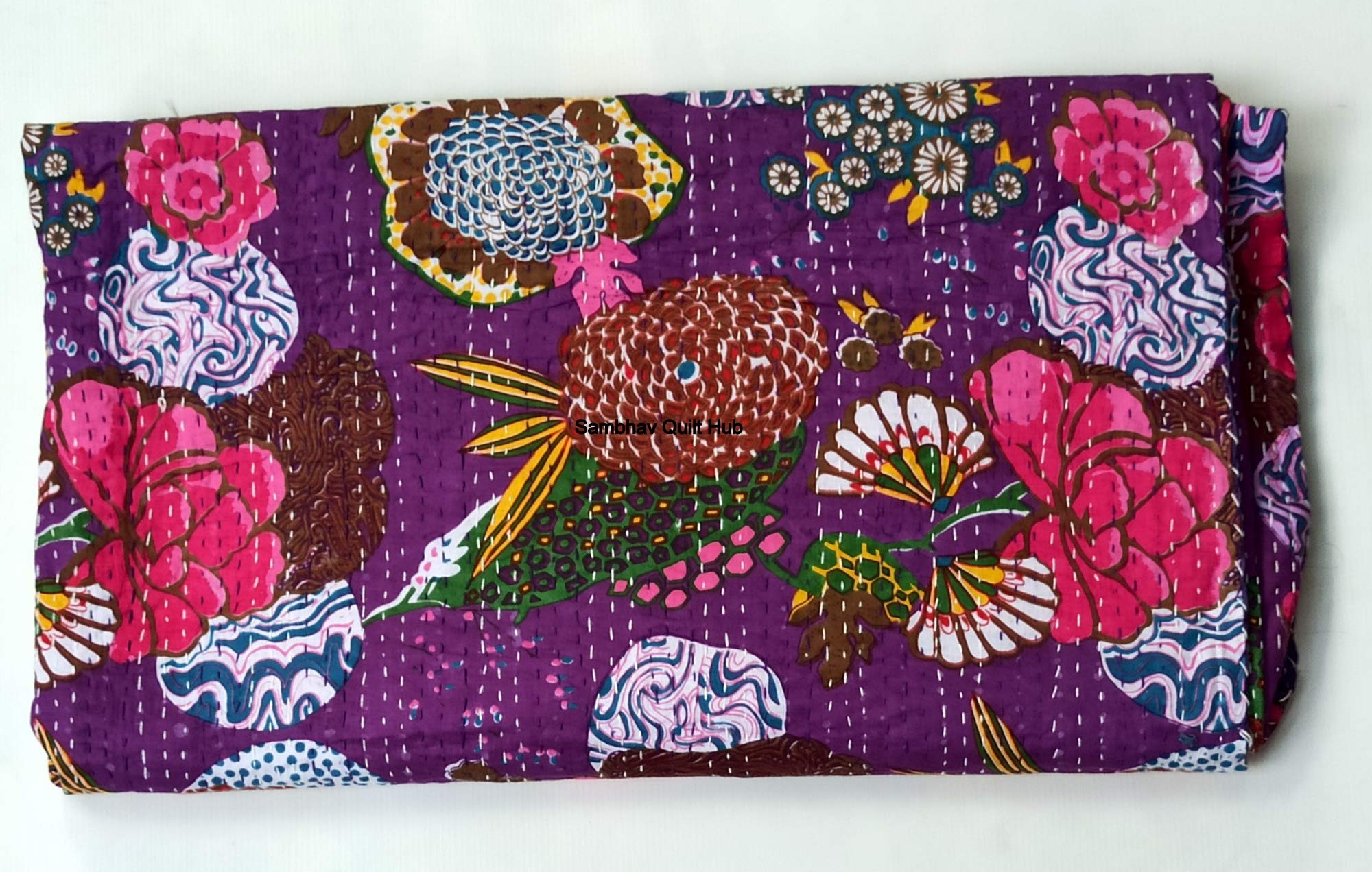 Colcha Kantha India Hecha A Mano - Algodón, Estampado Frutas - Tamaño Queen/King (108x108 Pulgadas) - Incluye 2 Fundas De Almohada