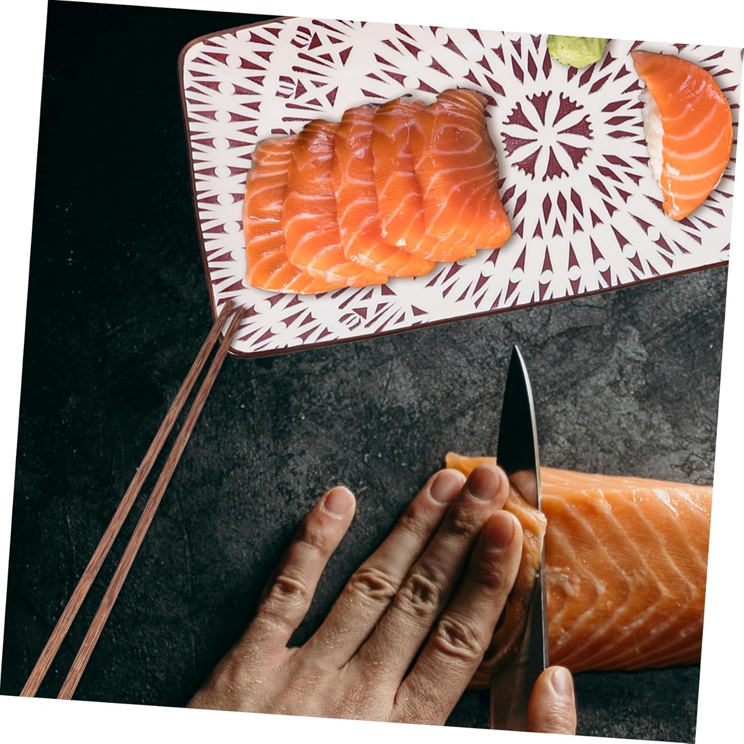 DOITOOL 2 Sets Japanese Style Ceramic Sushi Plate and Dipping Dish with Chopsticks Decorative Food Display Dish for Restaurant Family Gathering Party Sashimi Serving Tray