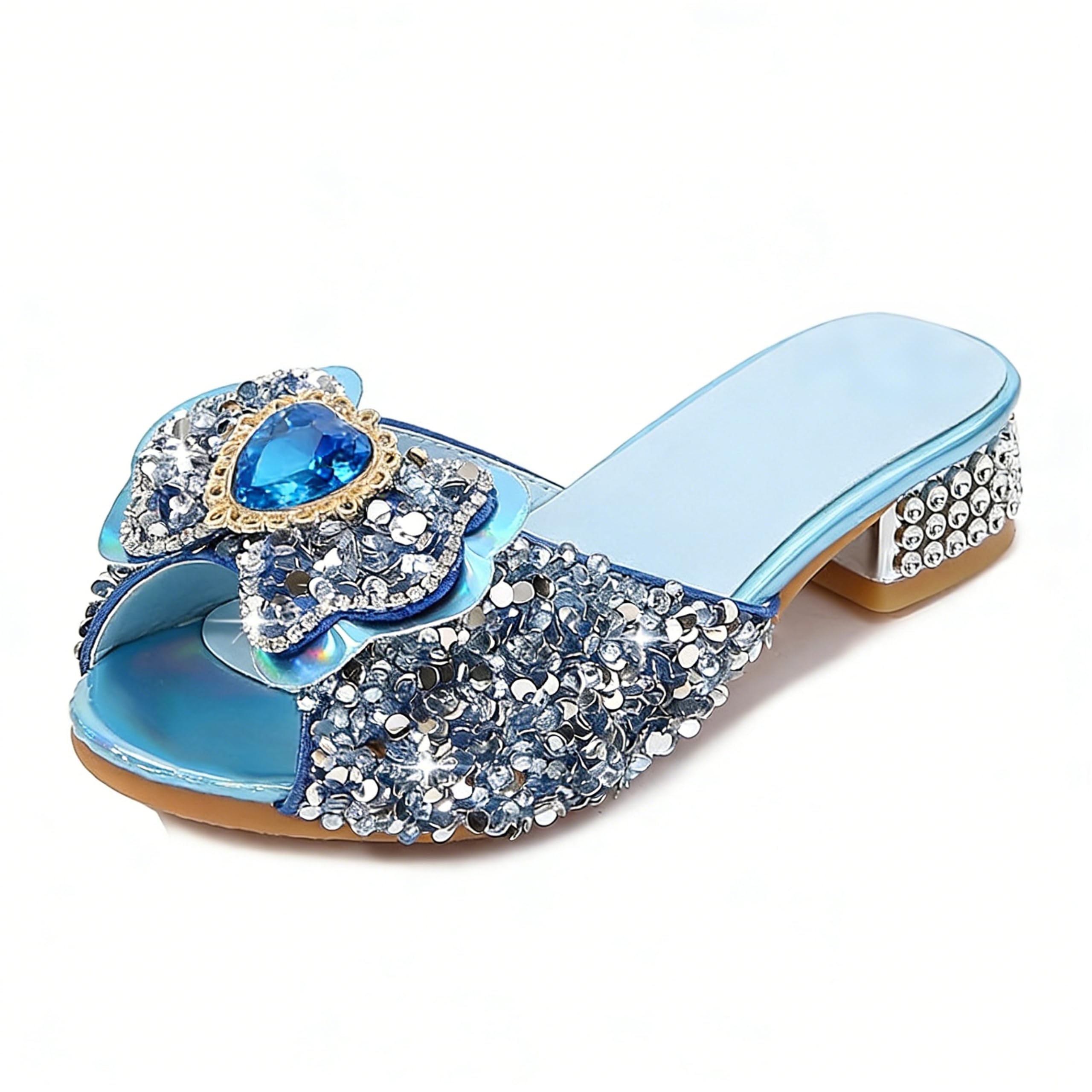 Princesse Fille Chaussures à Talon Haut Pantoufle Argenté Paillette Noeud Elsea Badge Semelle Elsea Imprimé Reine des Neiges Sandale Bouche de Poisson Noël Halloween